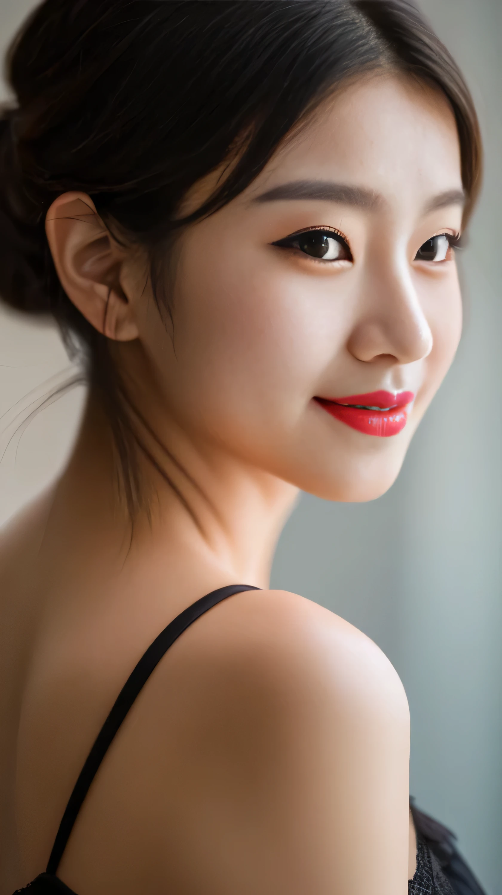 masterpiece, 8k, photorealistic, optimal ratio, detailed face, ((audience monitoring)), red lipstick, realistic, well-shaped bust, slender body, Photo with upper body facing forward, Detailed and beautiful hair, fine skin, RAW color art, diffused soft lighting, sharp focus, cinematic lighting、smile、bra bride、18-year-old、beauty of japan、short hairstyles