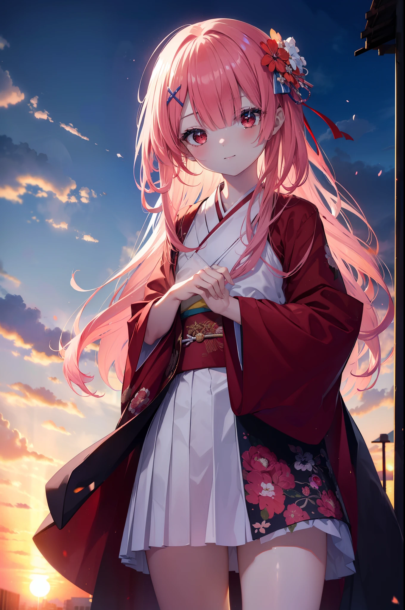 rezerorum, rum, hair flower, hair ornaments, hair above one eye, pink hair, (red eyes:1.5), smile,blush,long hair, x hair ornaments, tying hair,bangs, blunt bangs, (flat chest:1.2),pink gorgeous kimono,long skirt,Zori sandals,evening,sunset,
break outdoors, In town,building street,
break looking at viewer, (cowboy shot:1.5),
break (masterpiece:1.2), highest quality, High resolution, unity 8k wallpaper, (figure:0.8), (detailed and beautiful eyes:1.6), highly detailed face, perfect lighting, Very detailed CG, (perfect hands, perfect anatomy),