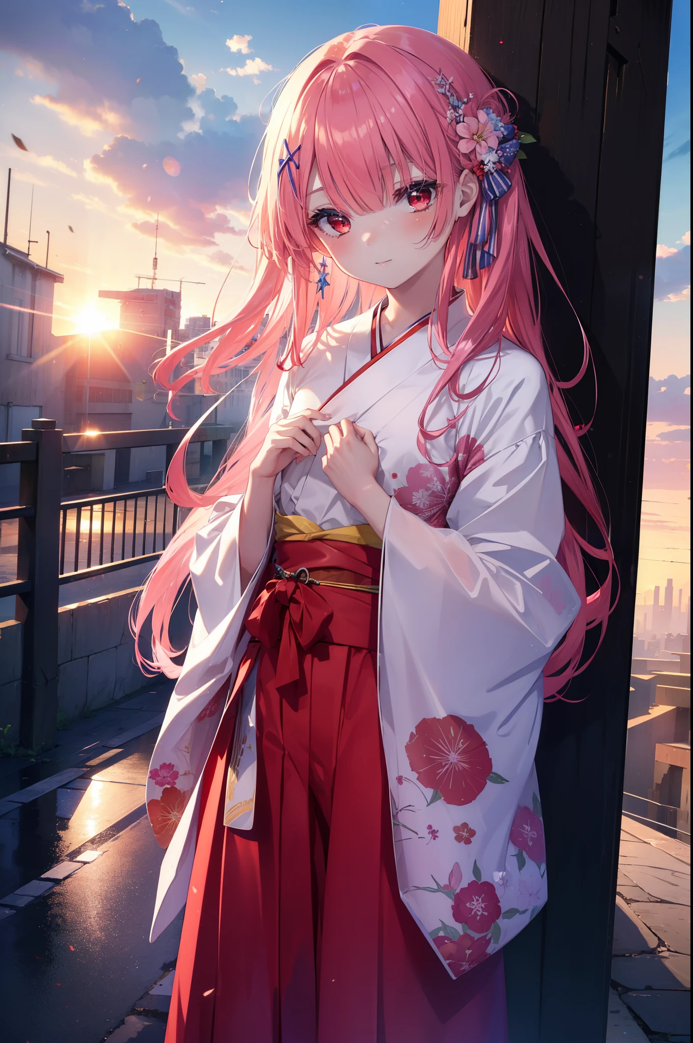 rezerorum, rum, hair flower, hair ornaments, hair above one eye, pink hair, (red eyes:1.5), smile,blush,long hair, x hair ornaments, tying hair,bangs, blunt bangs, (flat chest:1.2),pink gorgeous kimono,long skirt,Zori sandals,evening,sunset,
break outdoors, In town,building street,
break looking at viewer, (cowboy shot:1.5),
break (masterpiece:1.2), highest quality, High resolution, unity 8k wallpaper, (figure:0.8), (detailed and beautiful eyes:1.6), highly detailed face, perfect lighting, Very detailed CG, (perfect hands, perfect anatomy),