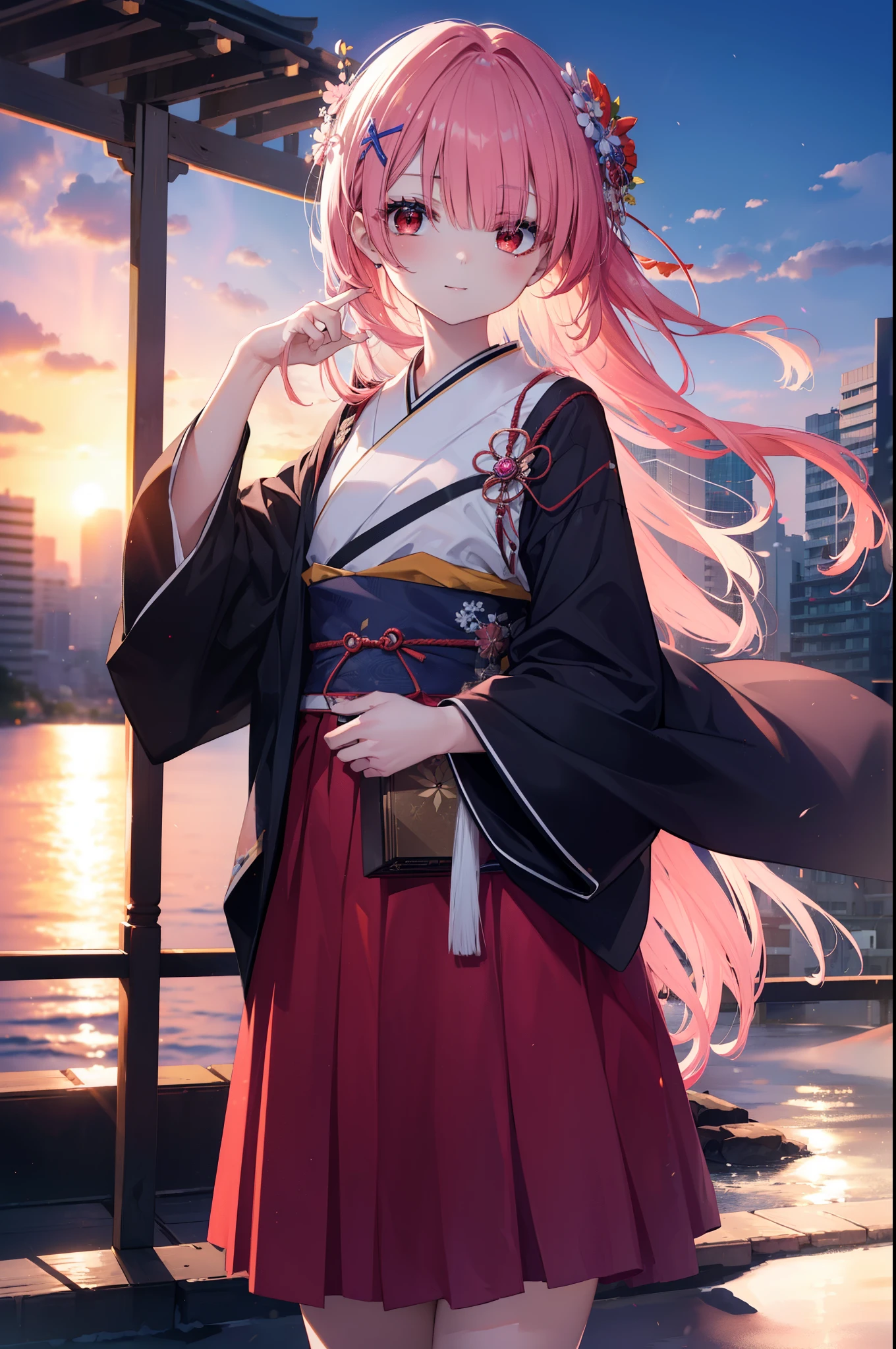 rezerorum, rum, hair flower, hair ornaments, hair above one eye, pink hair, (red eyes:1.5), smile,blush,long hair, x hair ornaments, hair tied back,bangs, blunt bangs, (flat chest:1.2),pink gorgeous kimono,long skirt,Zori sandals,evening,sunset,
break outdoors, In town,building street,
break looking at viewer, (cowboy shot:1.5),
break (masterpiece:1.2), highest quality, High resolution, unity 8k wallpaper, (figure:0.8), (detailed and beautiful eyes:1.6), highly detailed face, perfect lighting, Very detailed CG, (perfect hands, perfect anatomy),