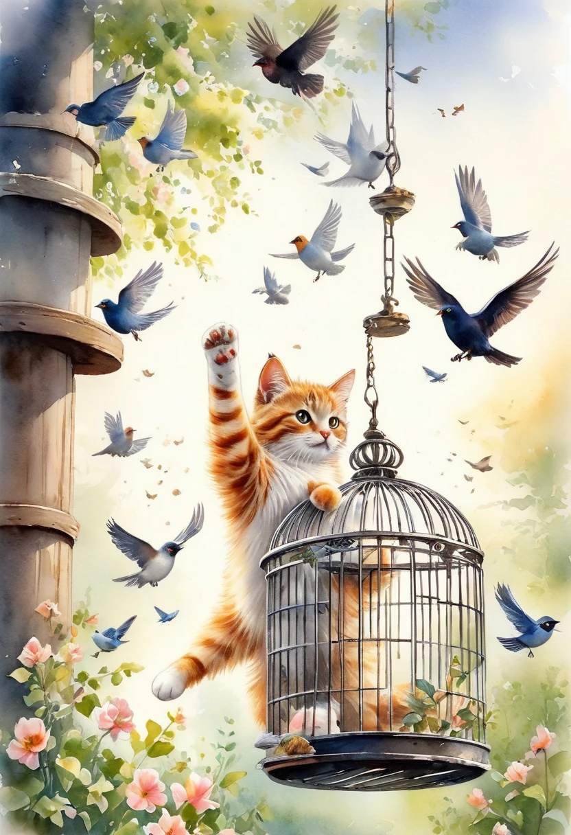 Picture of cat releasing birds from cage, paws up, watercolour painting, bird flying around, with claws, spring time, view below,
