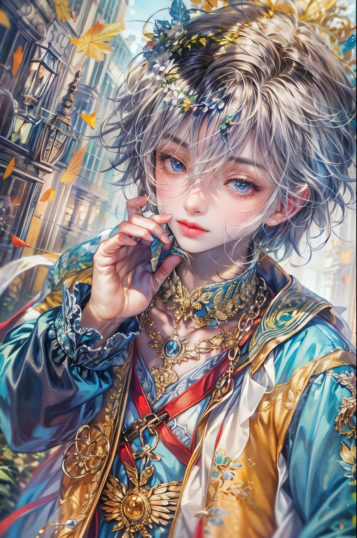 ((Best quality)), ((masterpiece)), (detailed), ((perfect face)), ((halfbody)) handsome face, male,  boy,  perfect proportions , a male version of the character from date a live anime, colorful outfit, detailed scenery background 