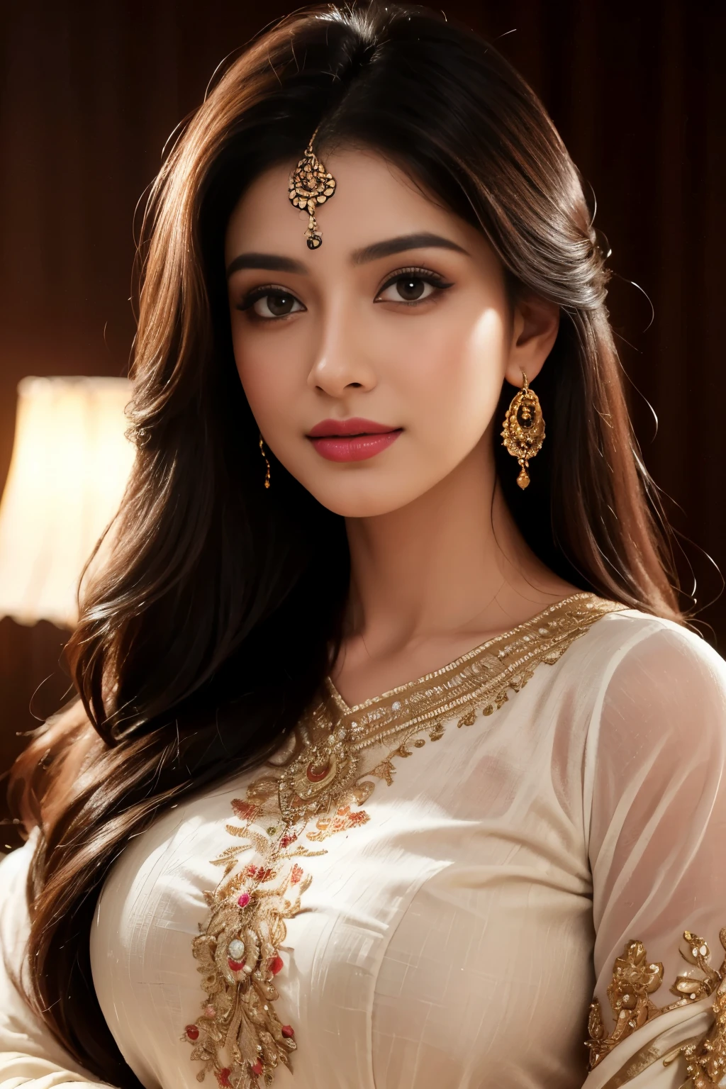 (best quality,4k,8k,highres,masterpiece:1.2),ultra-detailed,(realistic,photorealistic,photo-realistic:1.37),(sfw) safe for work,beautiful detailed eyes,beautiful detailed lips,extremely detailed eyes and face,longeyelashes,1girl,desi girl,gujrati girl,18 years old,perfect face,dark long hair,traditional indian clothes,looking towards the camera,portrait,detailed henna patterns,vibrant colors,soft lighting,upper body shot, more focus on the face,light smile,