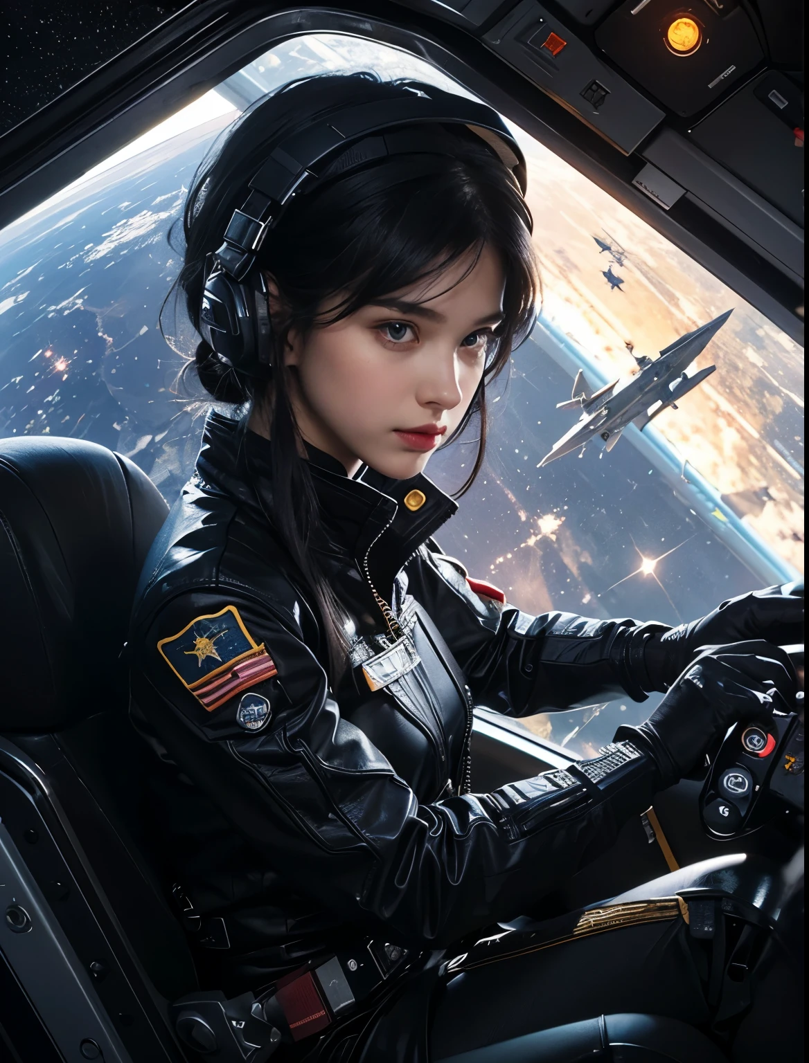 A beautiful woman piloting a small space fighter. She is looking at the camera with a serious expression. Black hair. 23 years old. She wears a black metallic combat uniform. From the window of the spaceship, you can see the pitch-black space and the twinkling stars.