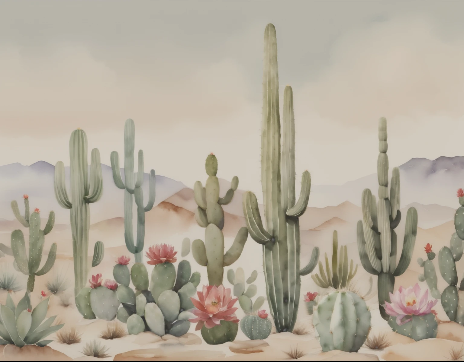 there are many different types of cactus plants in this picture, patchy cactus, 沙漠是Watercolored, cactus, cactus everywhere, watercolor illustration style, new mexican desert background, desert color, cactus, painting illustration, peyote cactus desert, digital watercolor, Watercolored, Background image, Desert flowers, watercolor illustration, desert composition, cactus and flowers