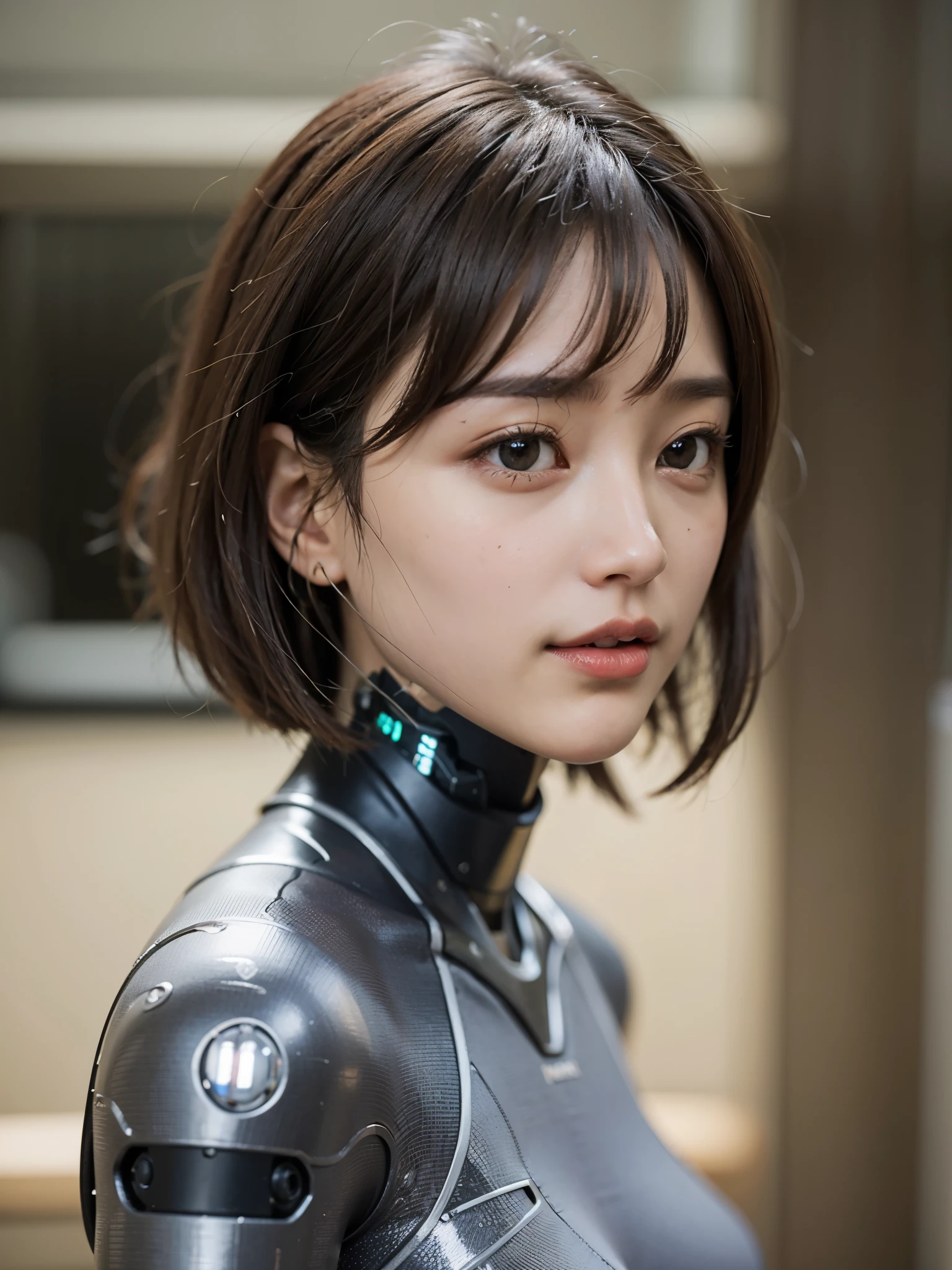 (cyborg:1.5), Yoga suit, bob cut, (realism: 1.4), (best quality: 1.0), (super resolution: 1.0), (masterpiece:0.2), Super detailed, 1 girl, pale skin, Delicate skin, looking at the audience, from the side, giggle