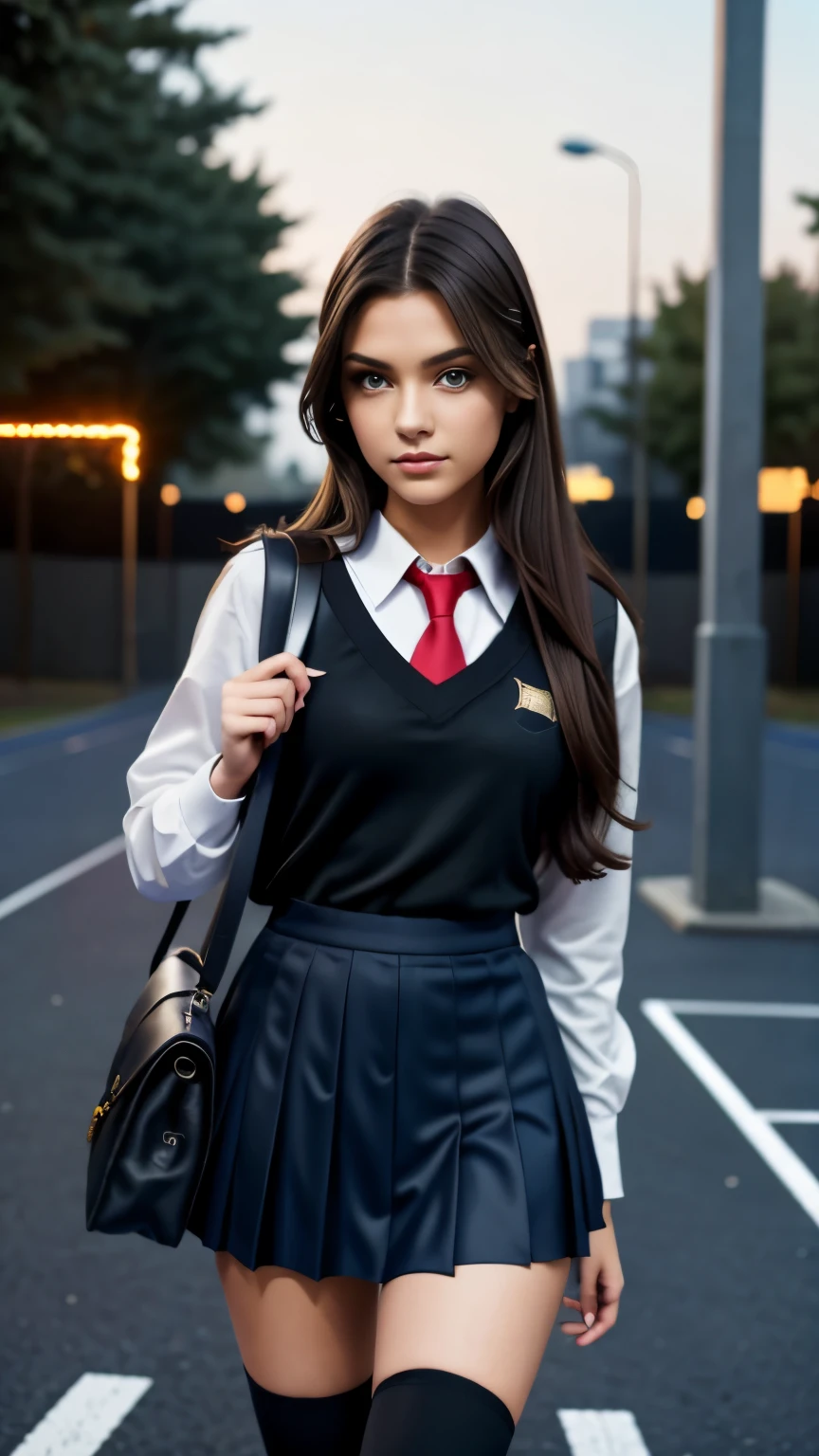 very very very sexy girl, brunette hair, parted hair style, 18 years old, wearing school uniform, holding a school bag, school skirt, knee high stocking, night time vibes, out side, stars showing, basketball court background, standing under street light,  