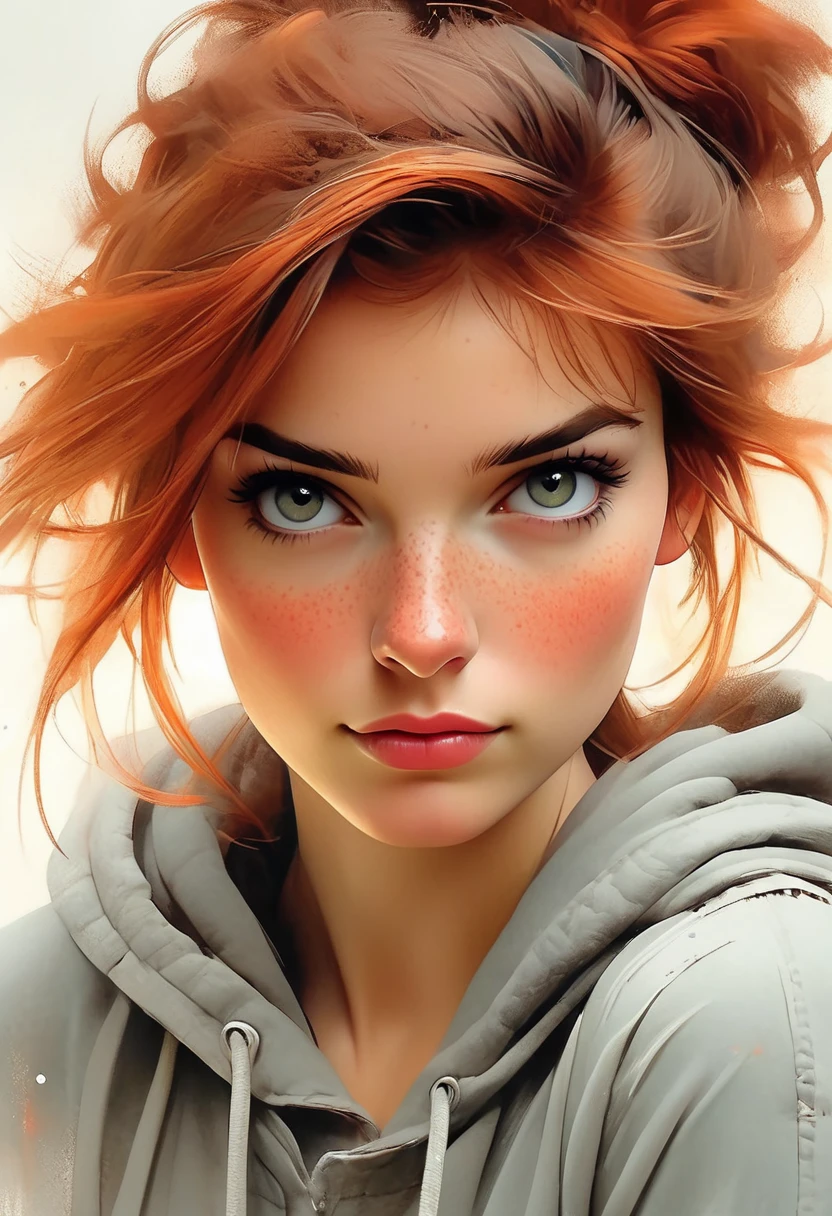sense of depth and intrigue, digital brush strokes, soft light,
A close-up portrait, a charming illustration depicting a young woman whose clothes consist of a gray hoodie. She has straight red hair and freckles reminiscent of the works of Pascal Campion and Cobie Whitmore. The background is a bright white wall, similar to a perfectly smooth and light watercolor, creating a seamless, silky space. The overall impression of the illustration is cinematic, with an emphasis on the elegant and relaxed beauty of the object., illustration, cinematography, painting, 
style of Jean Baptiste Monge, Thomas Kinkade, David Palumbo, Carne Griffiths.