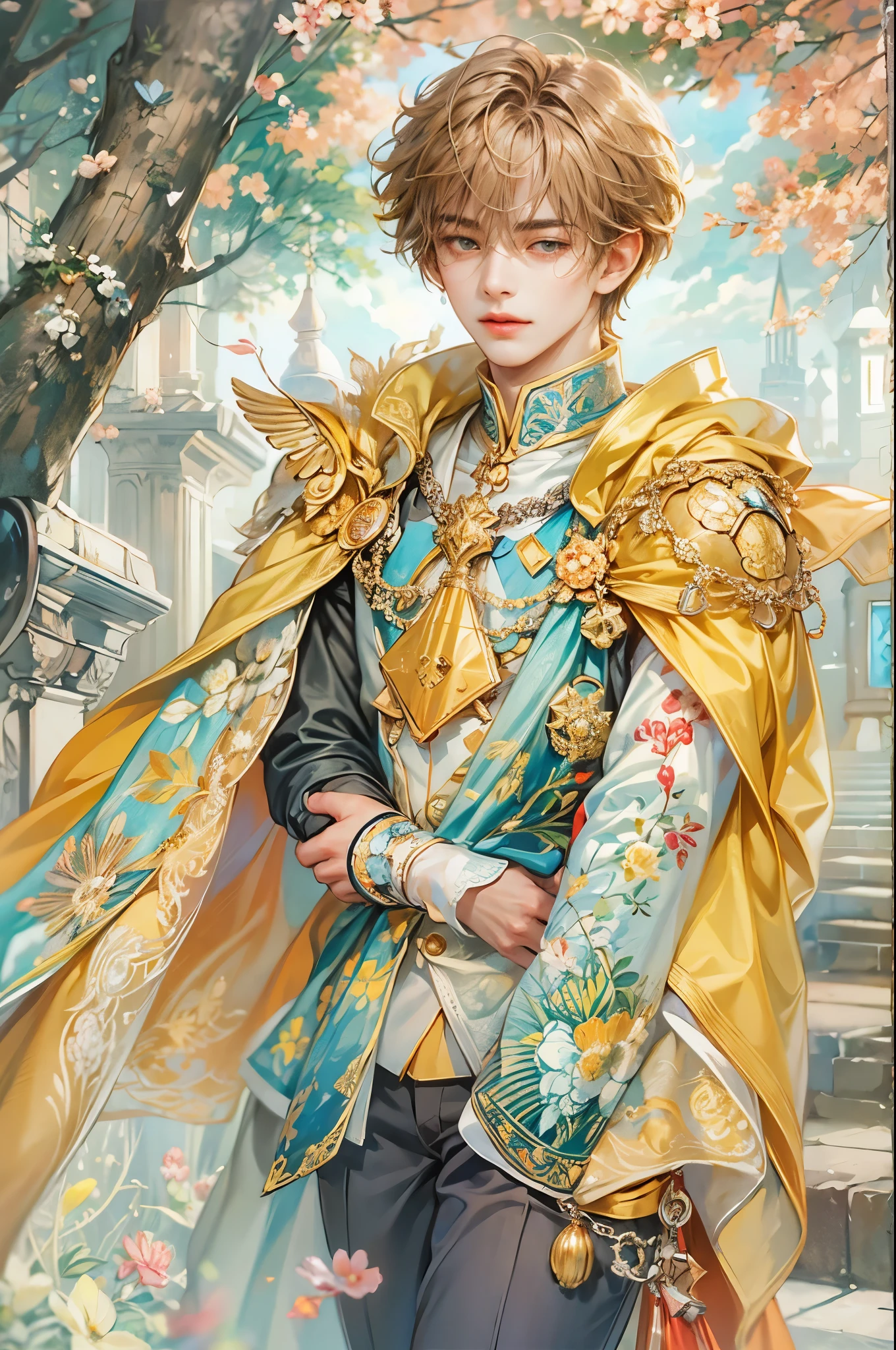 ((Best quality)), ((masterpiece)), (detailed), ((perfect face)), ((halfbody)) handsome face, male, teen boy, perfect proportions , a male version of the character from card captor salura in a colorful outfit, detailed scenery background