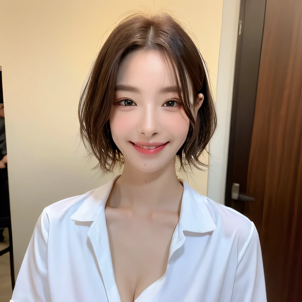 ((highest quality, 8k, masterpiece: 1.3)), sharp focus: 1.2, beautiful woman with perfect figure: 1.4, slim abs: 1.2, (random hairstyle color: 1.2)), (wet white button long shirt: 1.3), rain: 1.3, street of night: 1.2, wet body: 1.1, night、 Highly detailed face and skin texture, fine eyes, double eyelid, big breasts, smile, Show your collarbone、beautiful clavicle、Berry Short、