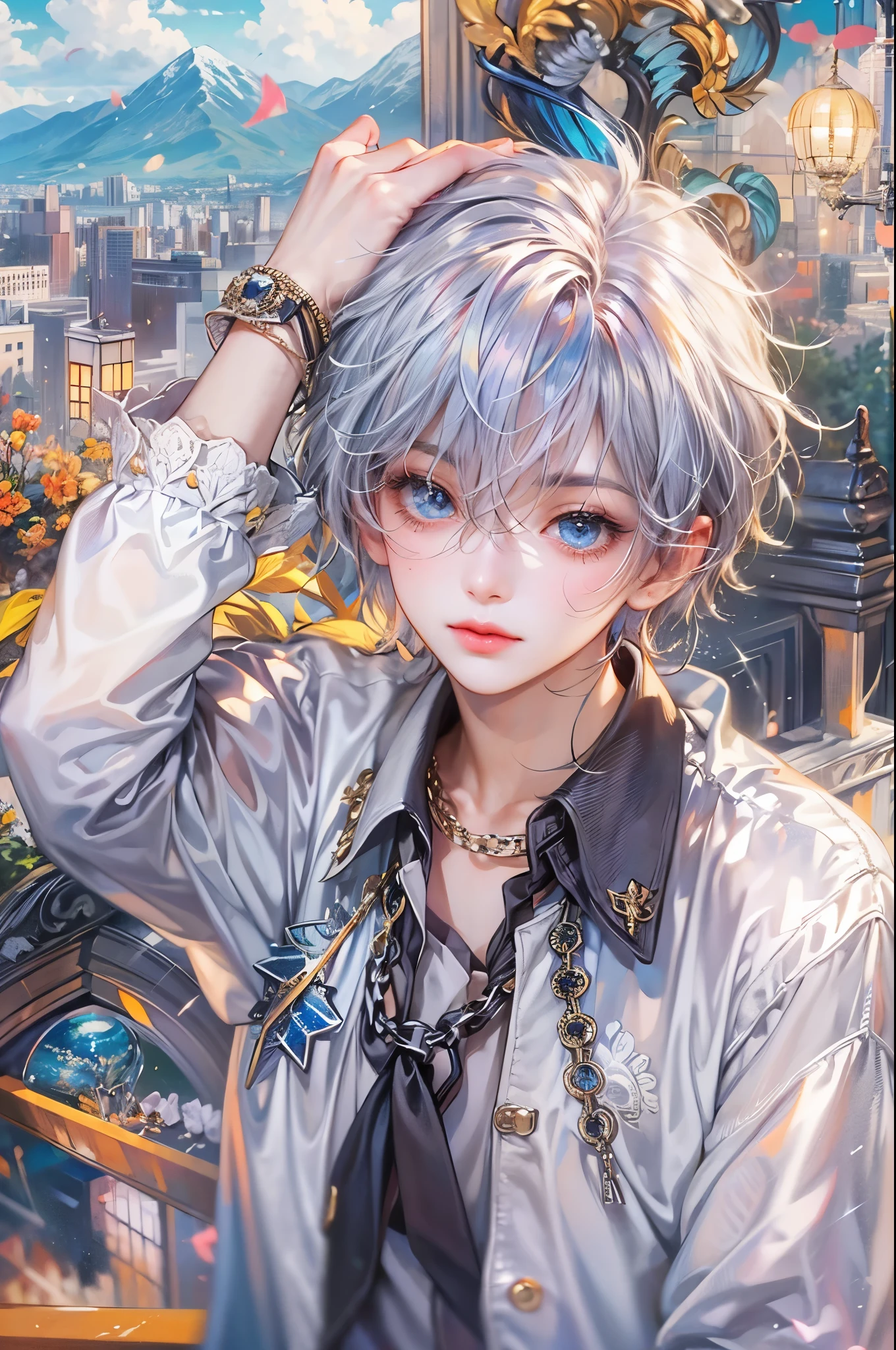 ((Best quality)), ((masterpiece)), (detailed), ((perfect face)), ((halfbody)) handsome face, male, boy, perfect proportions , a male version of the character from date a live anime, colorful outfit, detailed scenery background