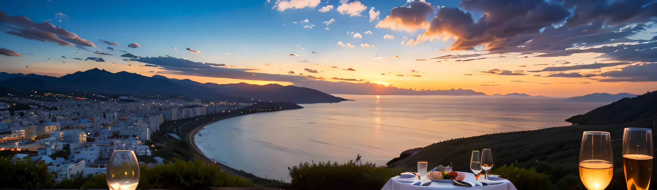 64k, Hmm, highest quality, masterpiece: 1.2), (realistic, photorealistic: 1.37), Spectacular view of the sunset sky and clouds、Amazing mountain views、Japanese sake、Sake Glass、Japanese food、Appetizer、restaurant、table、Champagne、sparkling wine、White wine, slim, wine glass, Very beautiful night view、aegean sea、Greece、Okinawa、hokkaido