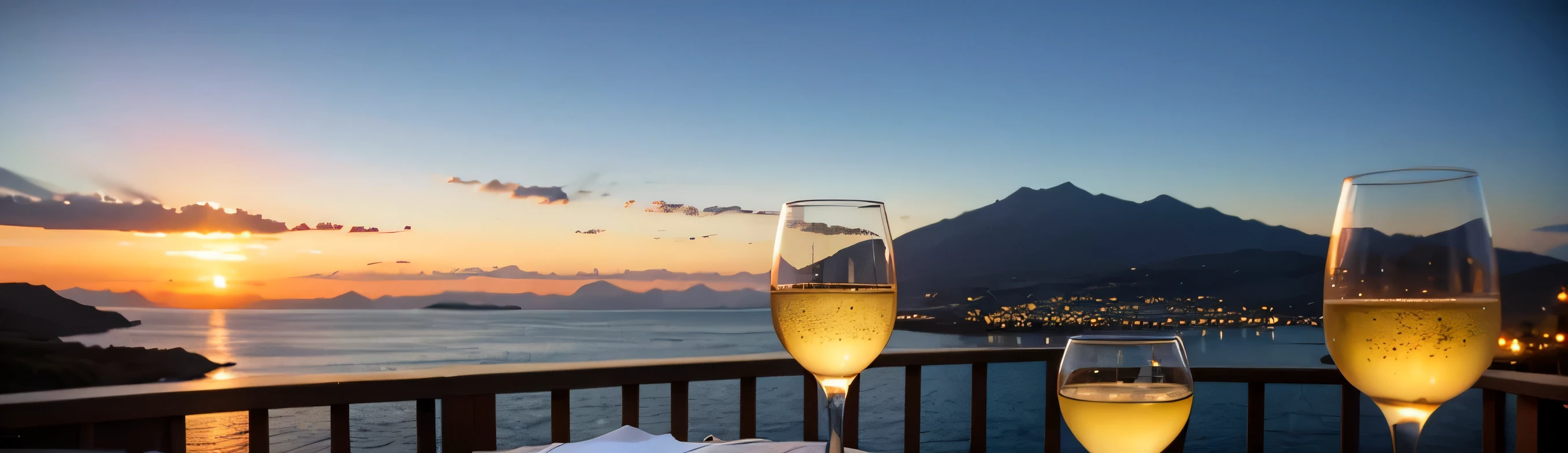 64k, Hmm, highest quality, masterpiece: 1.2), (realistic, photorealistic: 1.37), Spectacular view of the sunset sky and clouds、Amazing mountain views、Japanese sake、Sake Glass、Japanese food、Appetizer、restaurant、table、Champagne、sparkling wine、White wine, slim, wine glass, Very beautiful night view、aegean sea、Greece、Okinawa、hokkaido