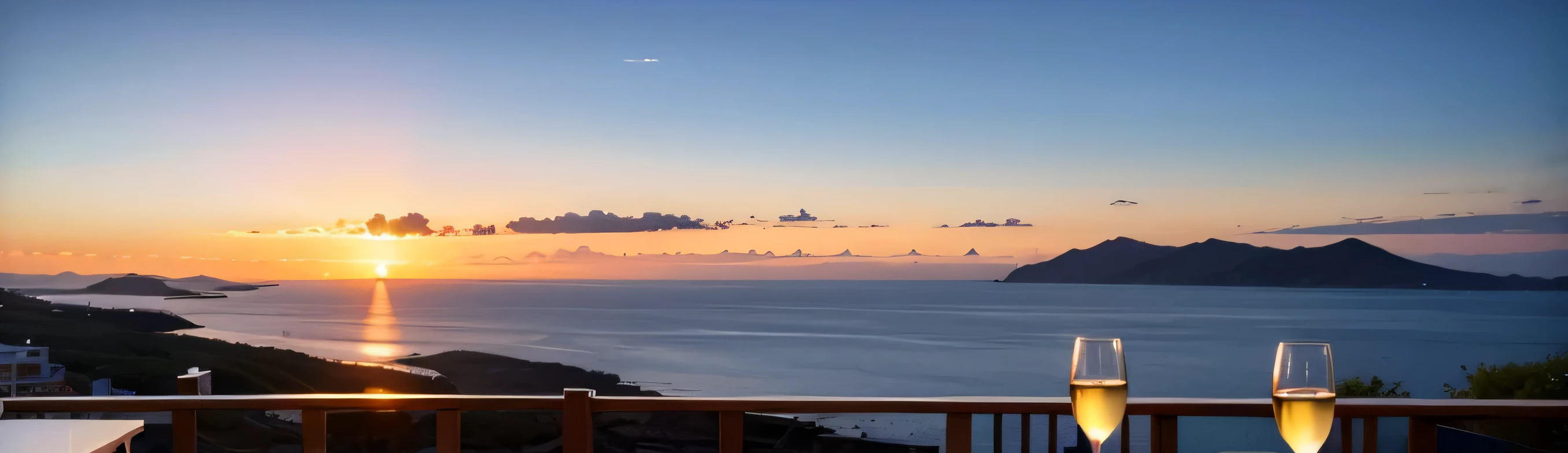 64k, Hmm, highest quality, masterpiece: 1.2), (realistic, photorealistic: 1.37), Spectacular view of the sunset sky and clouds、Amazing mountain views、Japanese sake、Sake Glass、Japanese food、Appetizer、restaurant、table、Champagne、sparkling wine、White wine, slim, wine glass, Very beautiful night view、aegean sea、Greece、Okinawa、hokkaido