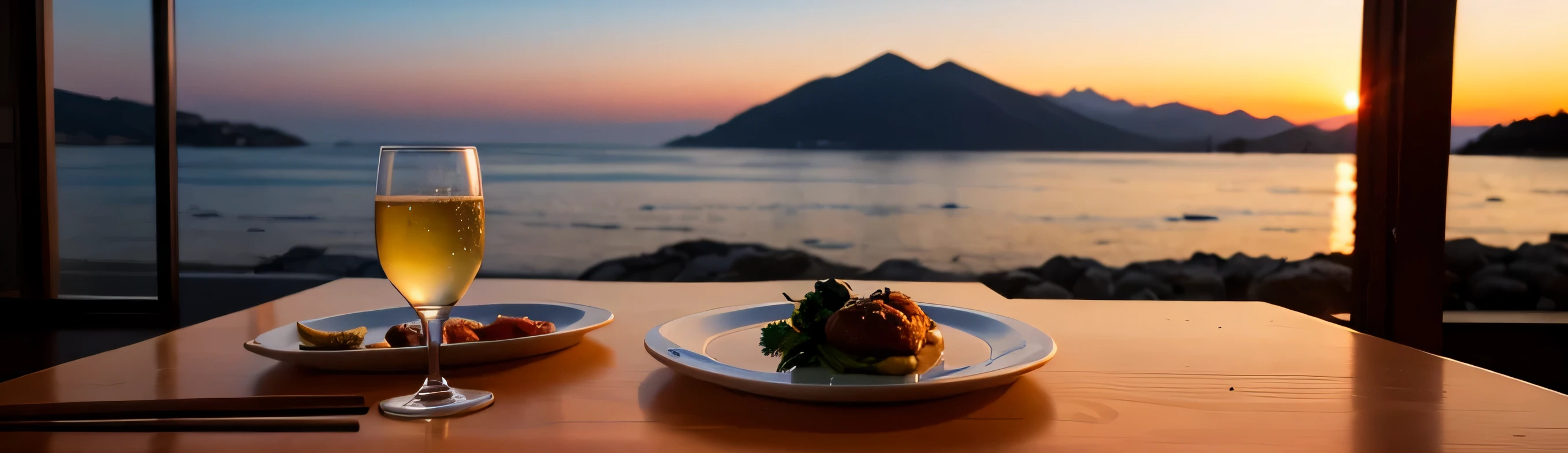 64k, Hmm, highest quality, masterpiece: 1.2), (realistic, photorealistic: 1.37), Spectacular view of the sunset sky and clouds、Amazing mountain views、Japanese sake、Sake Glass、Japanese food、Appetizer、restaurant、table、Champagne、sparkling wine、White wine, slim, wine glass, Very beautiful night view、aegean sea、Greece、Okinawa、hokkaido