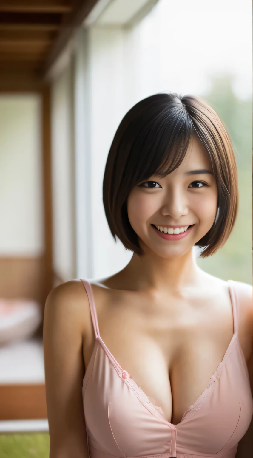 Japanese ),((beautiful girl)),cleavage,An expression that imagines something pleasant:1.2,(perfect body beauty:1.2),((perfect body)),(shy smile),beautiful teeth,