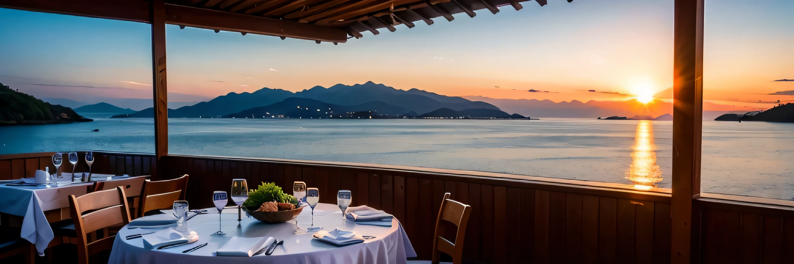 64k, Hmm, highest quality, masterpiece: 1.2), (realistic, photorealistic: 1.37), Spectacular view of the sunset sky and clouds、Amazing mountain views、Japanese sake、Sake Glass、Japanese food、Appetizer、restaurant、table、Champagne、sparkling wine、White wine, slim, wine glass, Very beautiful night view、aegean sea、Greece、Okinawa、hokkaido