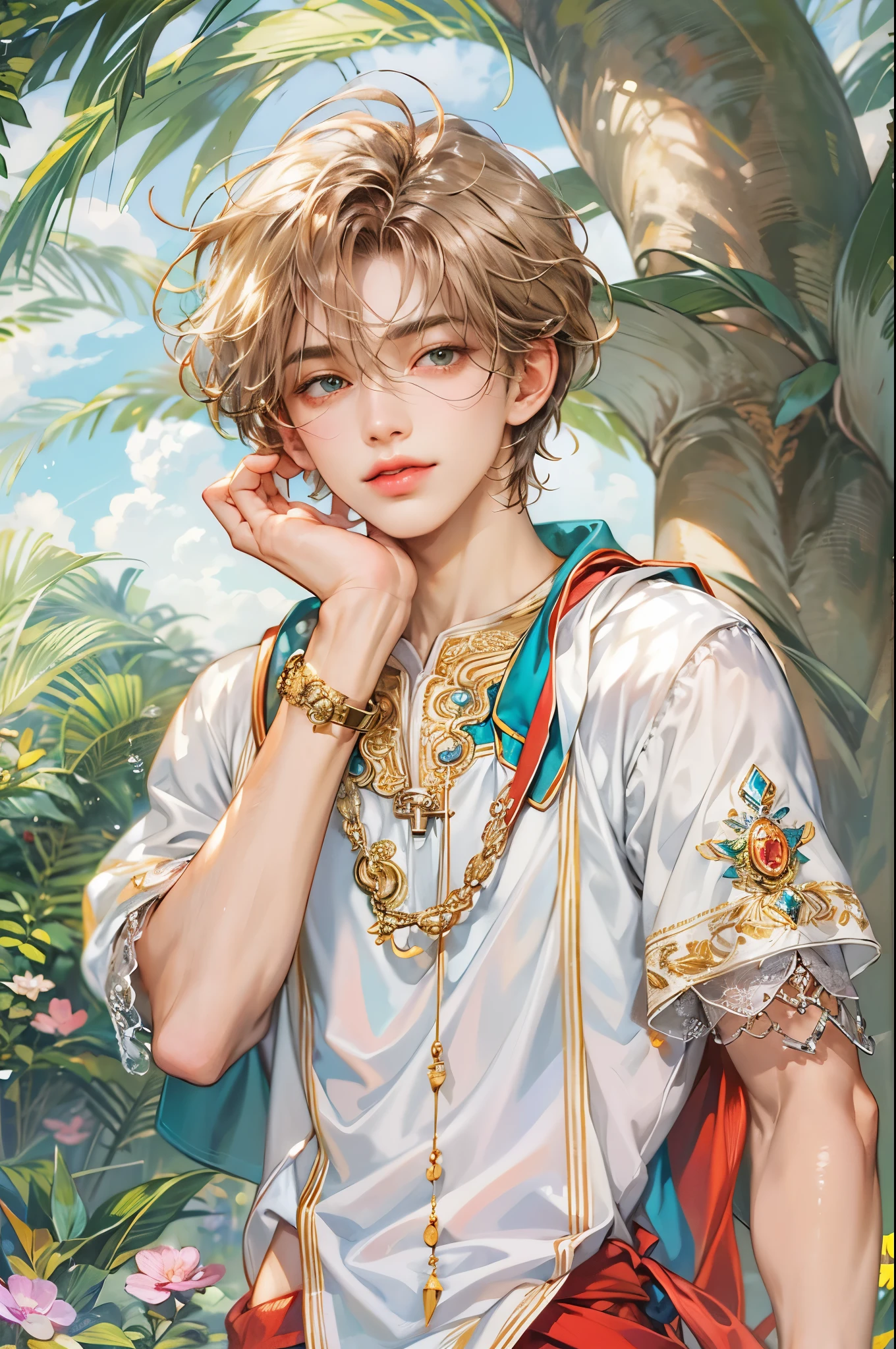 ((Best quality)), ((masterpiece)), (detailed), ((perfect face)), ((halfbody)) handsome face, male, boy, perfect proportions , a male version of the character from card captor salura in a colorful outfit, detailed scenery background
