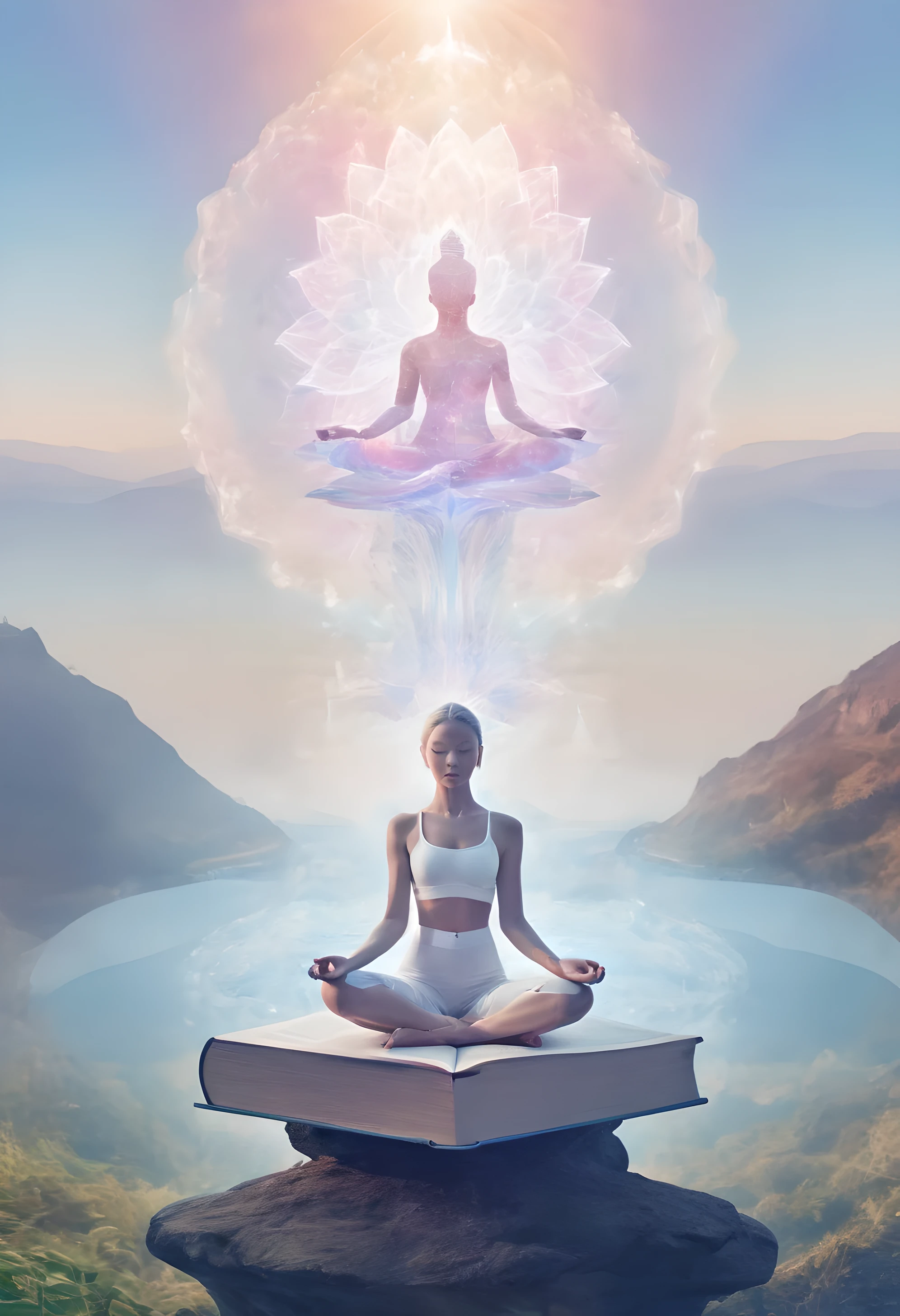 Transparent body,Tantric beauty wearing white transparent yoga clothes reads a book on lotus pedestal,Towering giant light among lotuses poses in a valley by the sea,Exquisite facial features,Vision of a future utopian world,(multiple exposure:1.8),Complex illustrations in surreal art style,surreal dream,Future utopian world dream