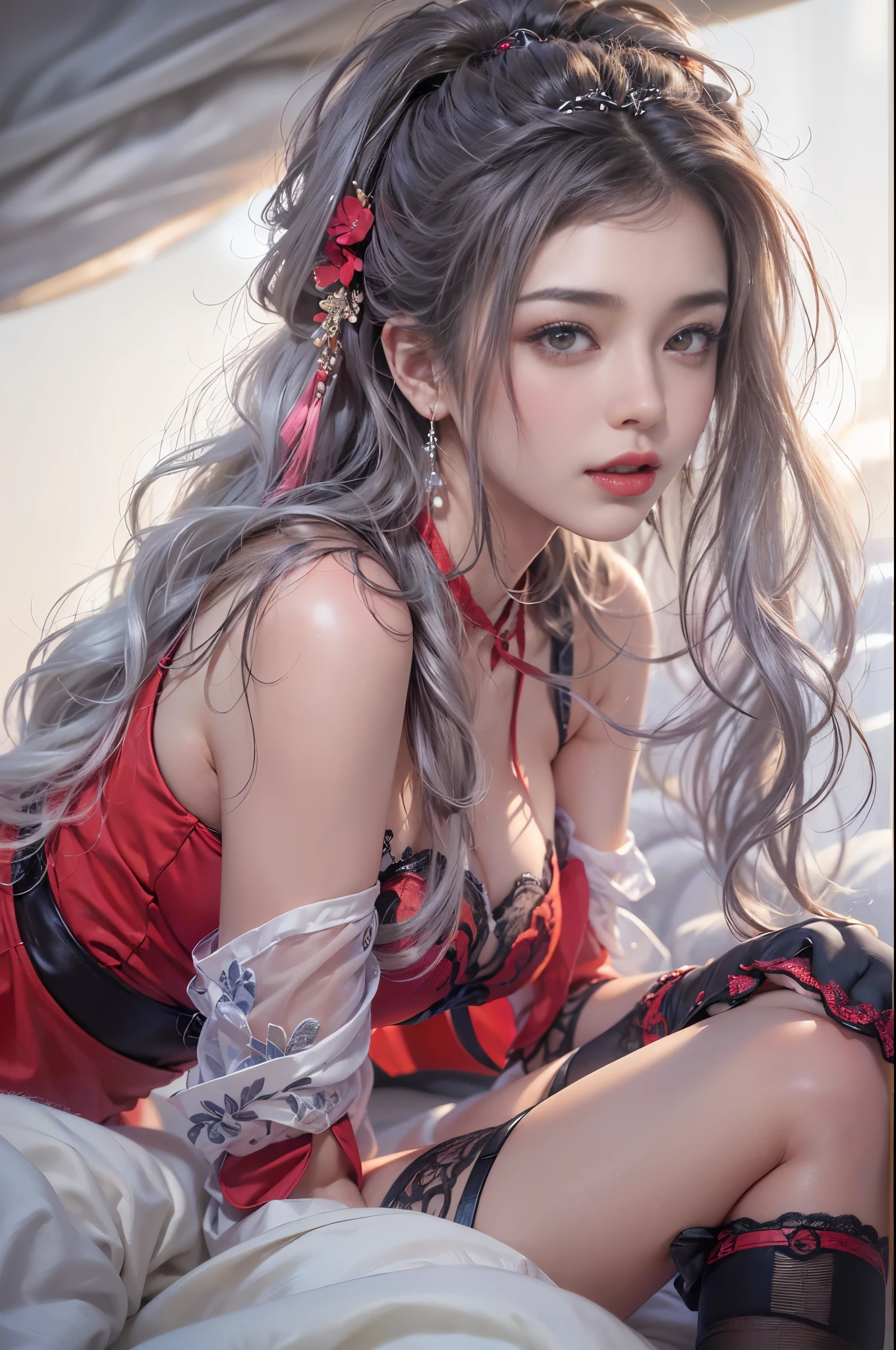 ((master piece:1.4)、(highest quality:1.4)、(realistic:1.7))）Surreal portrait of a beautiful girl、超beautiful girl、((1 girl:1.4))、Radiant natural skin texture、authority luis royo（Written by Luis Royo）、19 years old、(upper arm:1.4、two legs:1.4)、(perfect anatomy:1.4)、(完璧な女性のbody:1.4)、girl portrait、接写body撮影ティナステピース:1.4), (highest qualityの:1.4), (realistic:1.7), Written by Luis Royo, beautiful girl, 超beautiful girl, ((1 girl:1. 4), Radiant natural skin texture, authority luis royo, 19 years oldの, (完璧な女性のbody: 1.4), (完璧な女性のbody: 1.) 4), girl portrait, Close-up、body）, fantasy art, soft front light, beautiful expression, cute face, beautiful breasts, big full breast: 1. 2, beautiful butt, fine eyes, Clear and eye-catching, beautiful and attractive, beautiful eyes, thin waist, immature, red lips, ((gray hair, long hair)) , 1 screen display, ((Woman crawling on all fours on a silk bed)), (sexy posture), (milky way in the sky),((Red T-back pants))、((red garter and garter belt))、(laughter),((Rear view))、((look back))、((膣兰)）、((erection)）