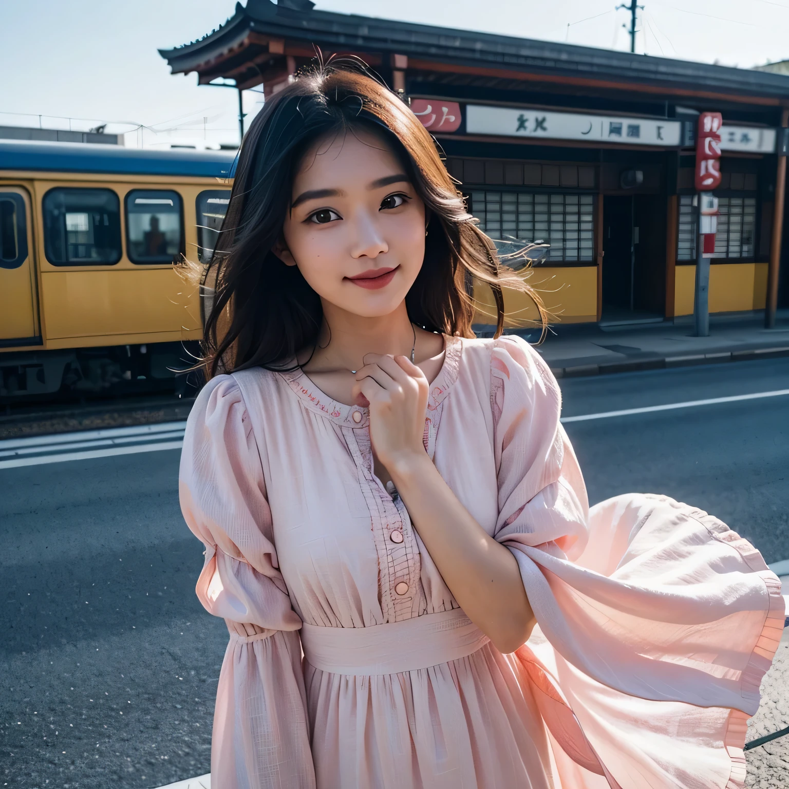 TYPE : Beauty Photography
THEME : cinematic
RACE : Indonesian, young
PERSON 1 : Early 20s, woman
SCENE : outdoor , a woman standing across the train crossing in tokyo, creating an beauty atmosphere , wind blowing effect, beautiful and cute expression , cute pose .smile at camera , inspiration byousoku 5 cm
PROPS: : complete decoration of train crossing in tokyo , blue sky , wearing soft peach patterned long dress made from chiffon fabric, wind blow
CAMERA : photographed using an Canon eos 90d DSLR camera with 18-135mm lens , detail skin texture , detailed face , close up , low exposure
ANGLE : High Dynamic Range (HDR) shot
inspiration byousoku 5 cm