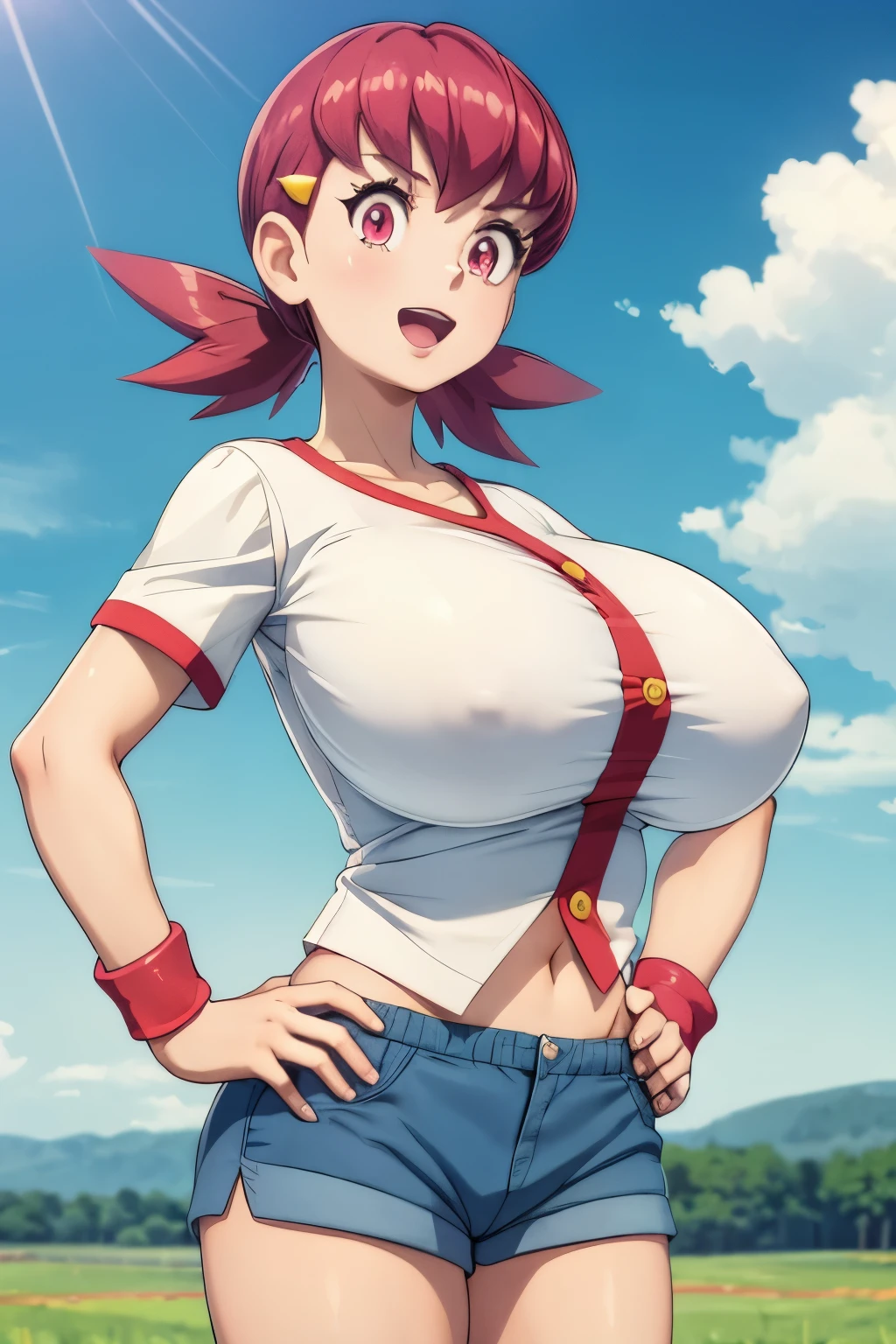 masterpiece, best quality, defwhitney, hair ornament, white shirt, short sleeves, blue shorts, wristband, large breasts, upper body, field, sky, clouds, looking at viewer, :D, hands to hips