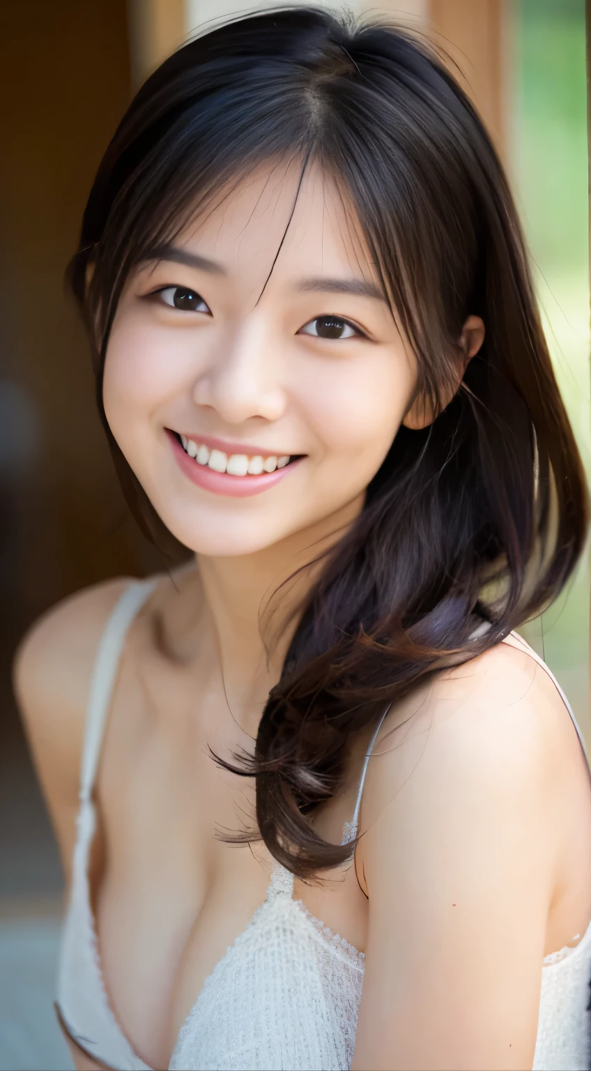 Japanese ),((beautiful girl)),cleavage,An expression that imagines something pleasant:1.2,(perfect body beauty:1.2),((perfect body)),(shy smile),beautiful teeth,