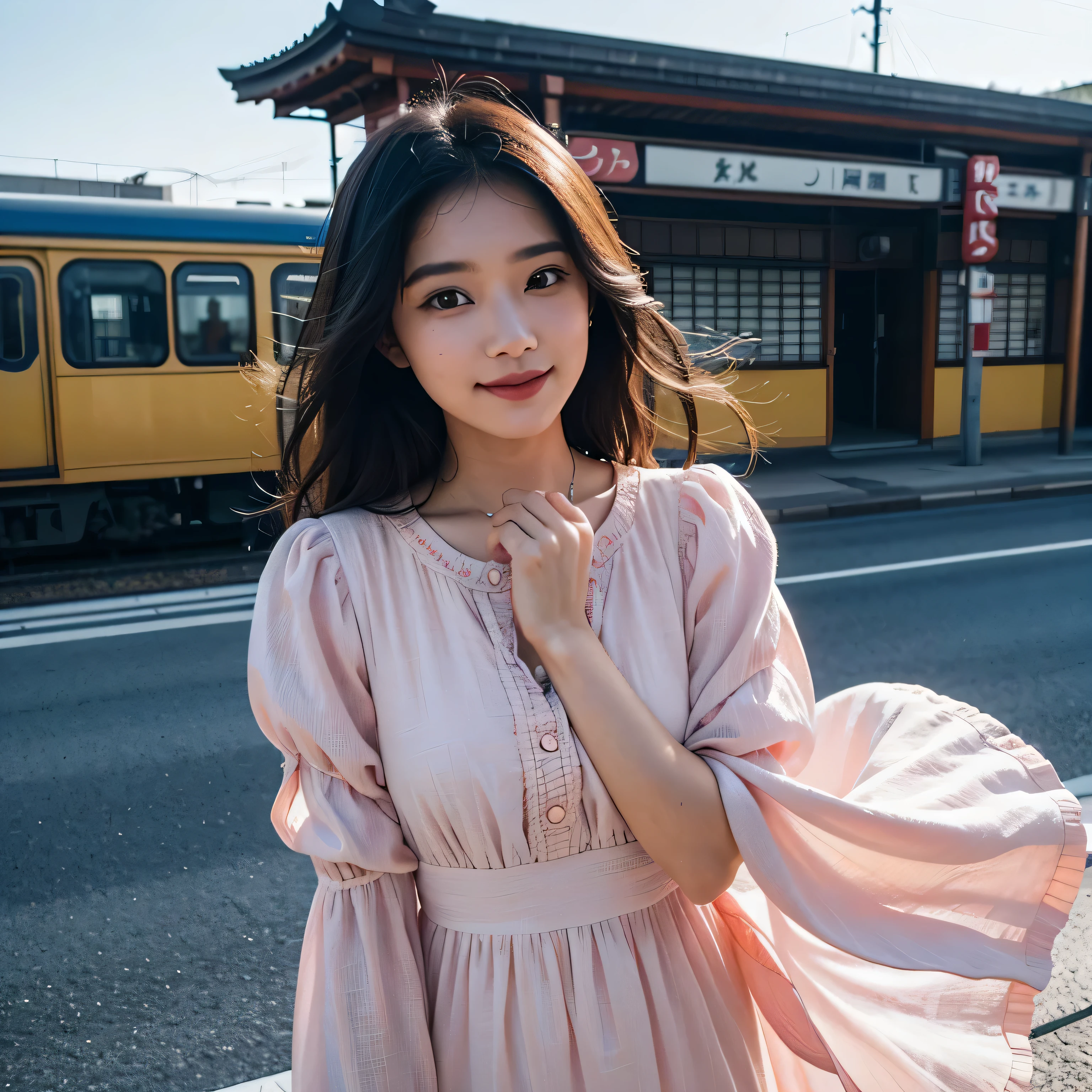 TYPE : Beauty Photography
THEME : cinematic
RACE : Indonesian, young
PERSON 1 : Early 20s, woman
SCENE : outdoor , a woman standing across the train crossing in tokyo, creating an beauty atmosphere , wind blowing effect, beautiful and cute expression , cute pose .smile at camera , inspiration byousoku 5 cm
PROPS: : complete decoration of train crossing in tokyo , blue sky , wearing soft peach patterned long dress made from chiffon fabric, wind blow
CAMERA : photographed using an Canon eos 90d DSLR camera with 18-135mm lens , detail skin texture , detailed face , close up , low exposure
ANGLE : High Dynamic Range (HDR) shot
inspiration byousoku 5 cm