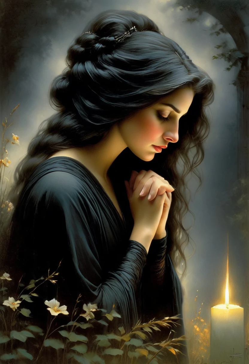a sense of depth and intrigue, digital brushstrokes, soft lighting,
This image represents a woman in mourning. She may be experiencing grief or loss. The background of the image is unclear, but the color palette and overall atmosphere emphasize the feeling of sadness and loss.¹
style of Jean Baptiste Monge, Thomas Kinkade, David Palumbo, Carn Griffiths