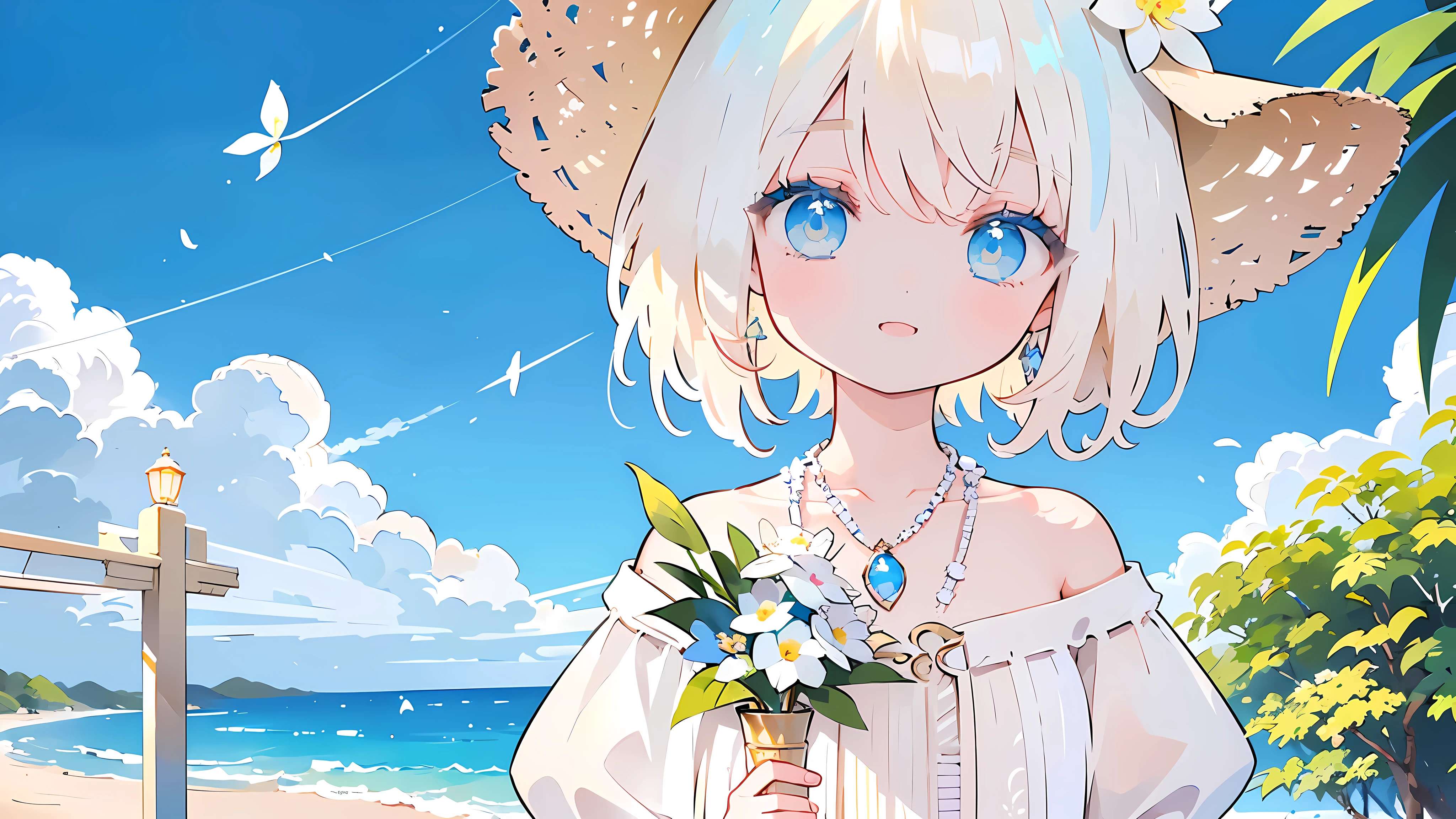 Light golden hair、blue eyes、long、girl with、White Dress、Shoulder out、mare、blue-sky、Straw hat with flowers、looking at the viewers、Palm trees、Small necklace、blue gemstone、closes mouth、smil、Have a small bouquet、white blossoms、blue flower、discret smile、cute smile face