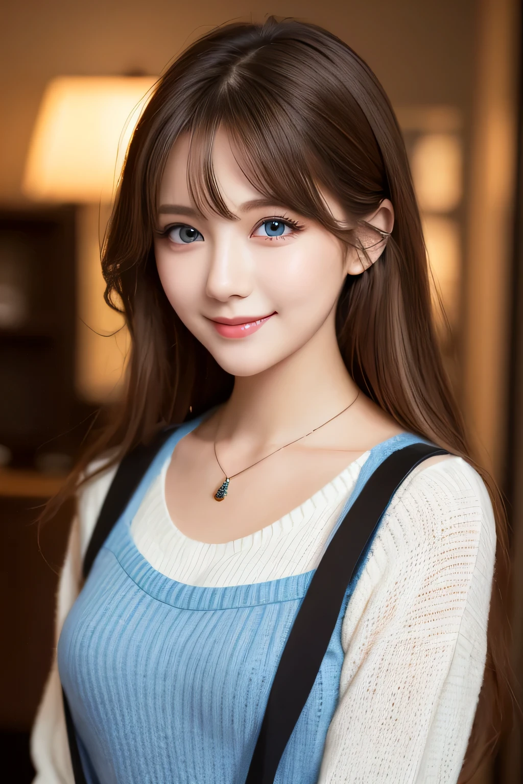 ((masterpiece)), ((highest quality)), (super detailed), ((cute)), cute, (Lovely), ((very detailed)), 4k, (8k), highest quality, (beautiful), figure, Upper body, office, Beautiful woman, alone, Japanese, sweater, (suspenders), beautiful light brown hair, beautiful blue eyes, ((beautiful eyeedium long hair, necklace, smile