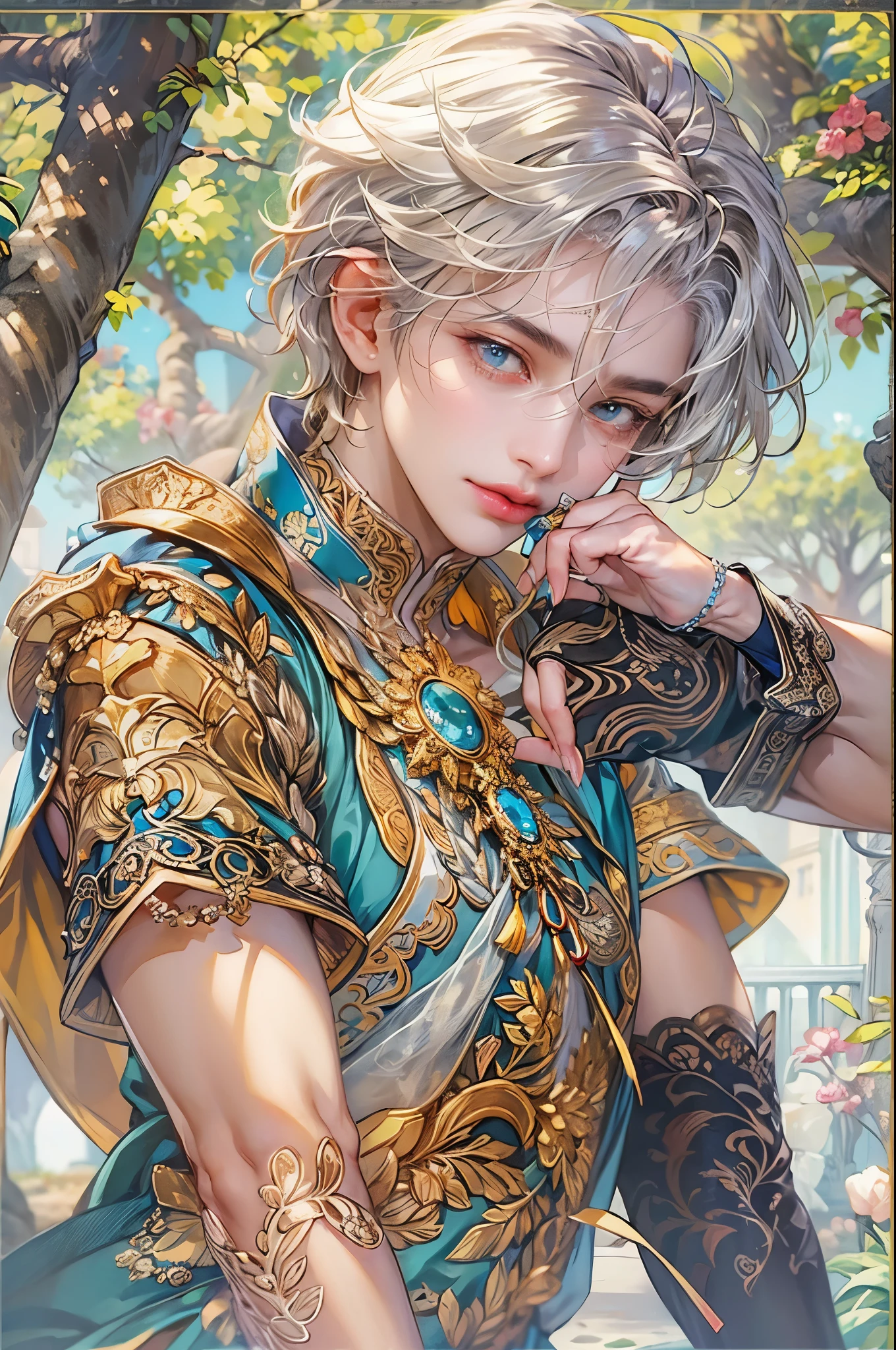 ((Best quality)), ((masterpiece)), (detailed), ((perfect face)), ((halfbody)) handsome face, male, teen boy,  perfect proportions , a male version of the character from sister princess anime in a colorful outfit, detailed scenery background 