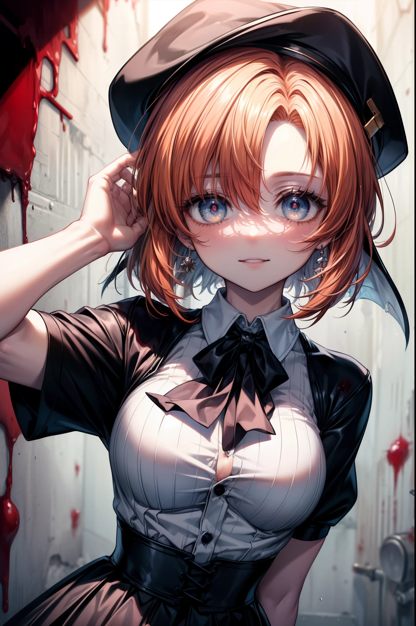 Rena Ryugu, rena ryuuguu, orange hair, short hair, hair blue eyes, smile, There are still traces of blood on the wall,spooky, dead eyes,A grinning man holding a bloody knife in one hand.,bloody beret,bloody,blood droplets,There was a lot of blood all over the room.,spooky笑い, dead eyes,Psychopath horror,bloody clothes,blood drops,Spooky,Murder scene, serial killer, bathed in blood,Clothes with blood on them，black suit jacket with blood on it, bloody collared jacket,Bloodstained white dress shirt, shirt with blood on the collar, neckline, button, strap, ID card on neck, bloody black pencil skirt,bloody black pantyhose, looking at the viewer, big breasts,holding a bloody knife grip,
break looking at viewer,
break indoors, office,
break (masterpiece:1.2), highest quality, High resolution, unity 8k wallpaper, (figure:0.8), (detailed and beautiful eyes:1.6), highly detailed face, perfect lighting, Very detailed CG, (perfect hands, perfect anatomy),
