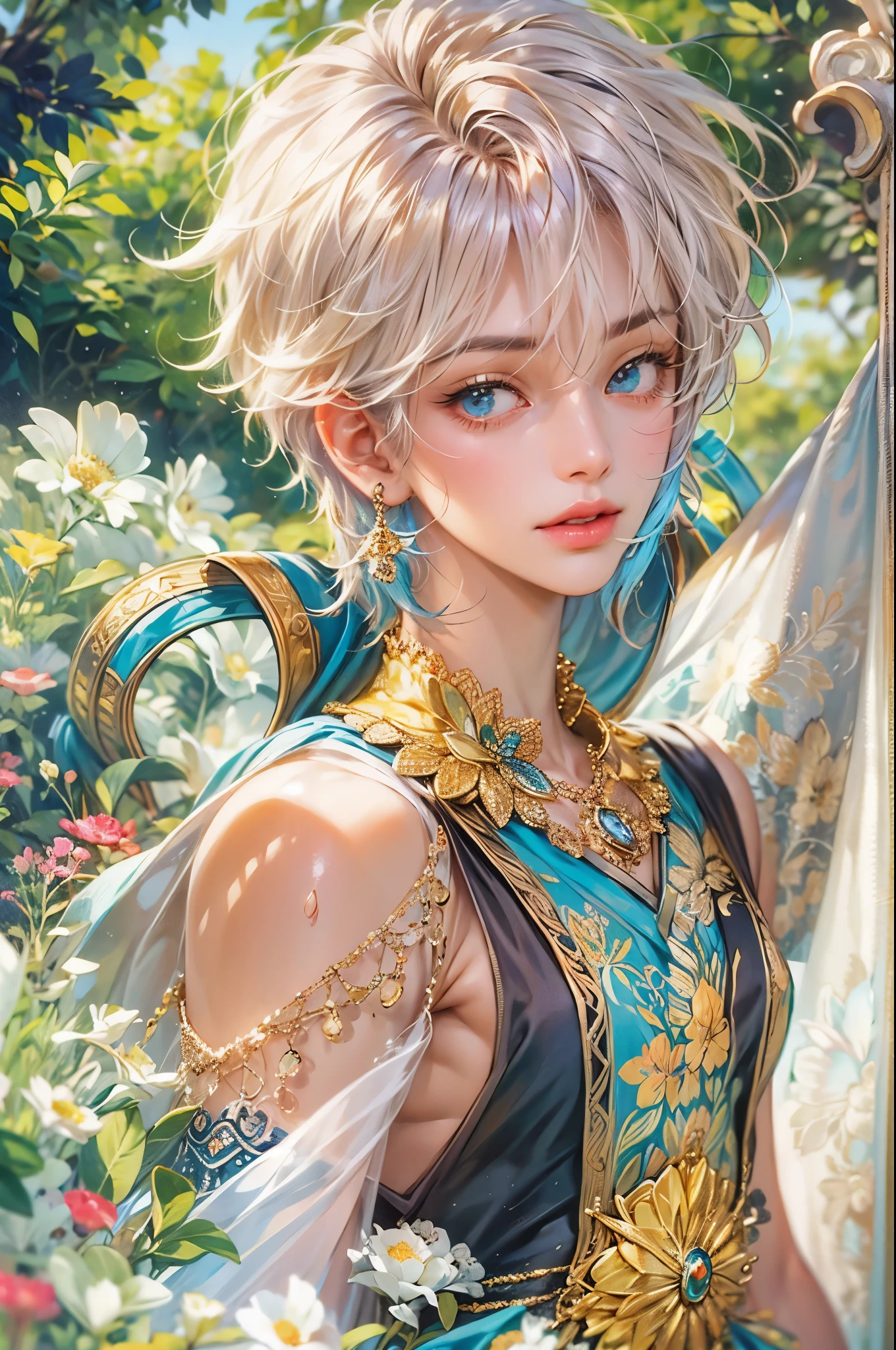 ((Best quality)), ((masterpiece)), (detailed), ((perfect face)), ((halfbody)) handsome face, male, teen boy, perfect proportions , a male version of the character from sister princess anime in a colorful outfit, detailed scenery background