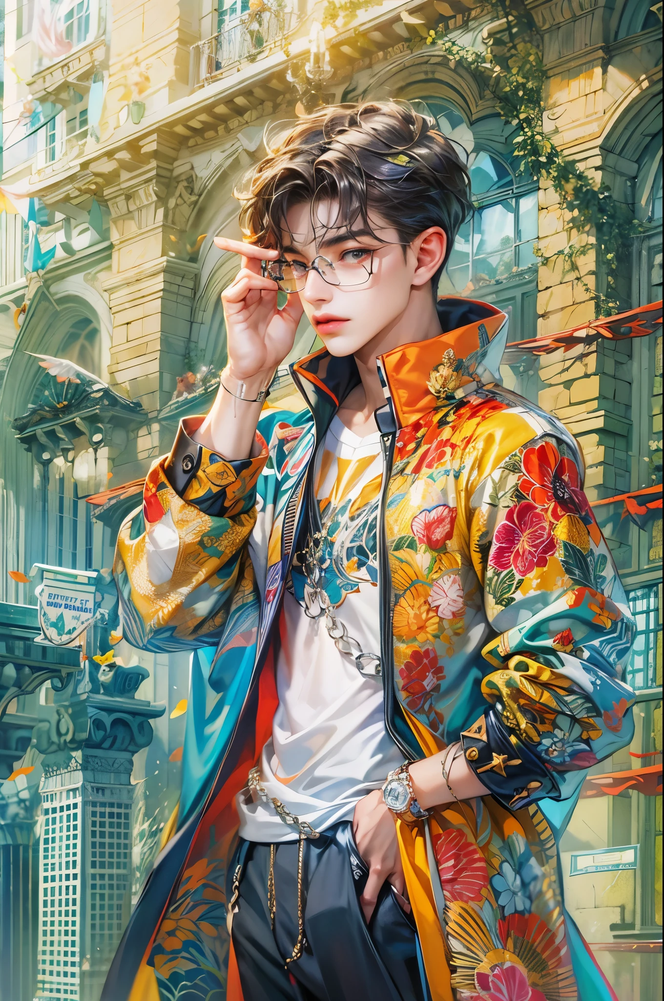 ((Best quality)), ((masterpiece)), (detailed), ((perfect face)), ((halfbody)) handsome face, male, teen boy, perfect proportions , a male version of the character from power puff girls Z anime, colorful outfit, detailed scenery background