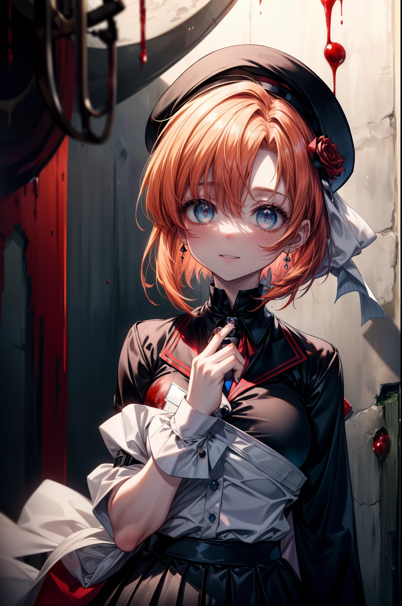 Rena Ryugu, rena ryuuguu, orange hair, short hair, hair blue eyes, smile, There are still traces of blood on the wall,spooky, dead eyes,A grinning man holding a bloody knife in one hand.,bloody beret,bloody,blood droplets,There was a lot of blood all over the room.,spooky笑い, dead eyes,Psychopath horror,bloody clothes,blood drops,Spooky,Murder scene, serial killer, bathed in blood,Clothes with blood on them，black suit jacket with blood on it, bloody collared jacket,Bloodstained white dress shirt, shirt with blood on the collar, neckline, button, strap, ID card on neck, bloody black pencil skirt,bloody black pantyhose, looking at the viewer, big breasts,holding a bloody knife grip,
break looking at viewer,
break indoors, office,
break (masterpiece:1.2), highest quality, High resolution, unity 8k wallpaper, (figure:0.8), (detailed and beautiful eyes:1.6), highly detailed face, perfect lighting, Very detailed CG, (perfect hands, perfect anatomy),