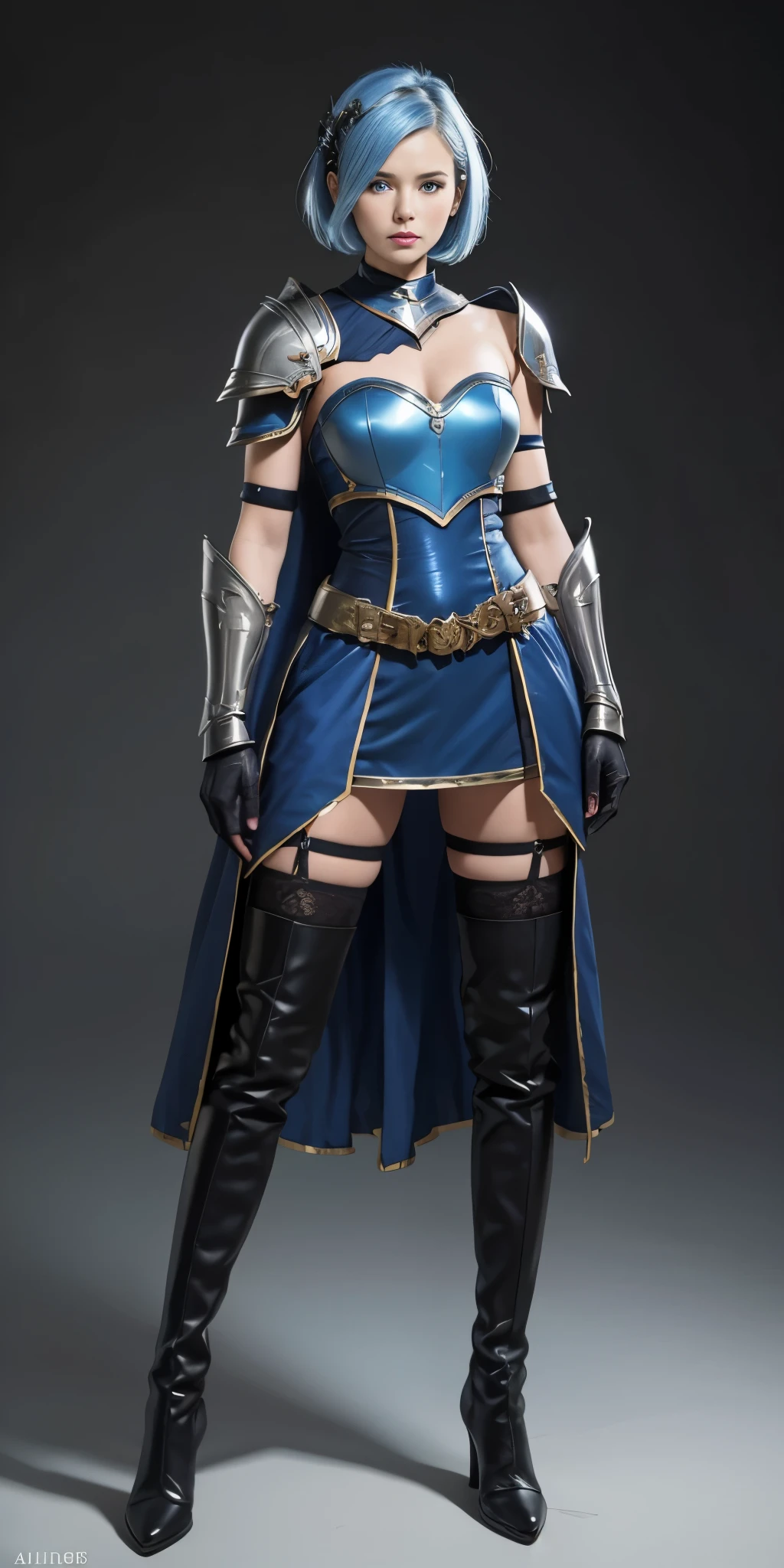 full body, def_effie, blue breastplate, blue skin, looking at viewer, shiny,armor, thighhighs, high boots,shoulder armor, faulds, poleyn, gloves, gauntlets,