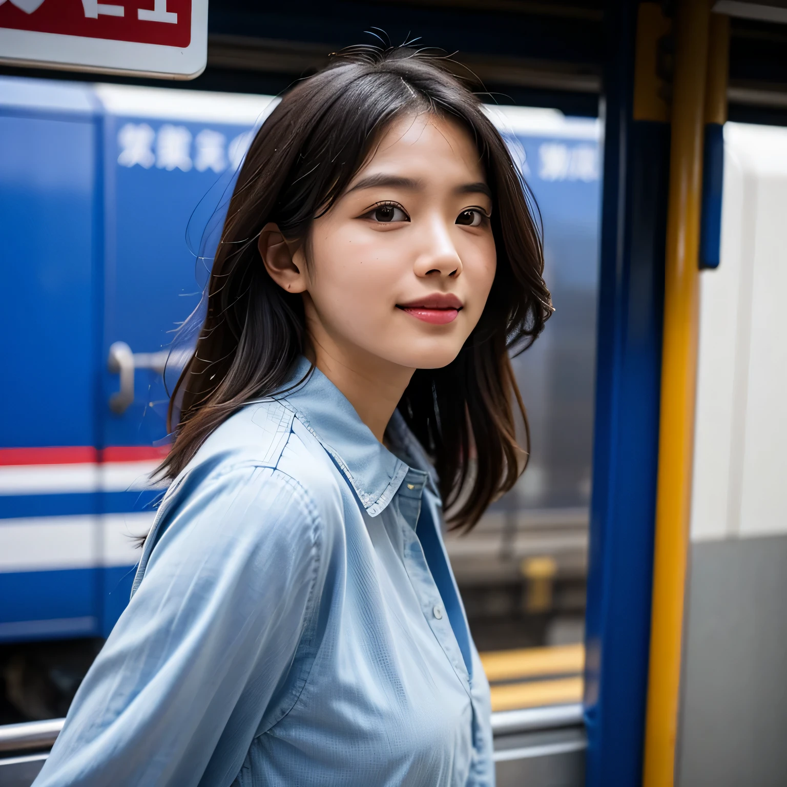 TYPE : Beauty Photography
THEME : cinematic
RACE : Indonesian, young
PERSON 1 : Early 20s, woman
SCENE : outdoor , a woman standing across the train crossing in tokyo, creating an beauty atmosphere , wind blowing effect, beautiful and cute expression , cute pose .smile at camera , inspiration byousoku 5 cm
PROPS: : complete decoration of train crossing in tokyo , blue sky , wearing soft peach patterned long dress made from chiffon fabric, wind blow
CAMERA : photographed using an Canon eos 90d DSLR camera with 18-135mm lens , detail skin texture , detailed face , close up , low exposure
ANGLE : High Dynamic Range (HDR) shot
inspiration byousoku 5 cm