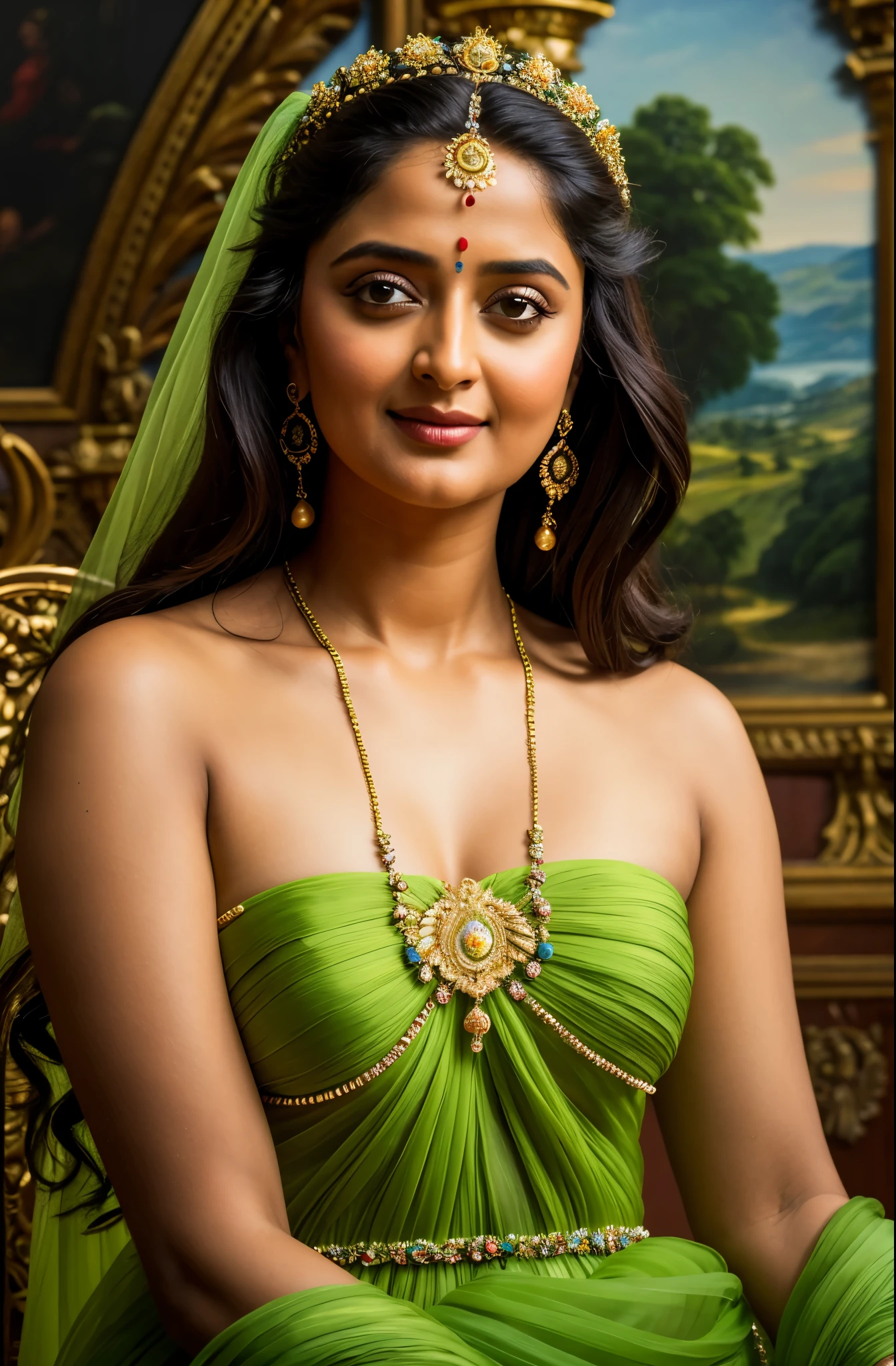 50yo mature MILF Anushka Shetty,((best quality)), ((masterpiece)), ((realistic)), Apsara, ethereal beauty, spicy looks, full body, stylish hair , green eyes, female face,carved top, royal aura, trend on artstation , sharp focus, studio photo, intricate detail, very detailed, detailed eye, illustration, very detailed, sharp focus, digital render, professional, 4k