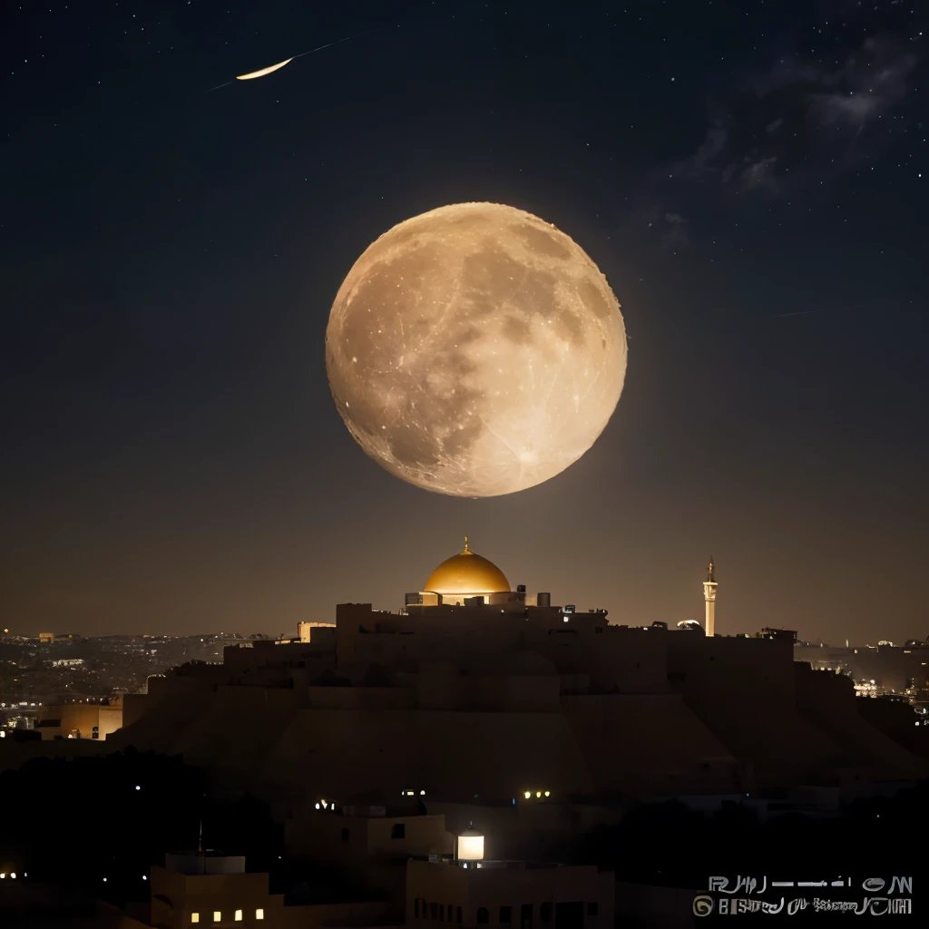 A 3D-style image of a shining moon over Al-Quds Al-Sharif, the lights of Ramadan illuminating the horizon, and the stars shining, with Ramadan Kareem written on it.