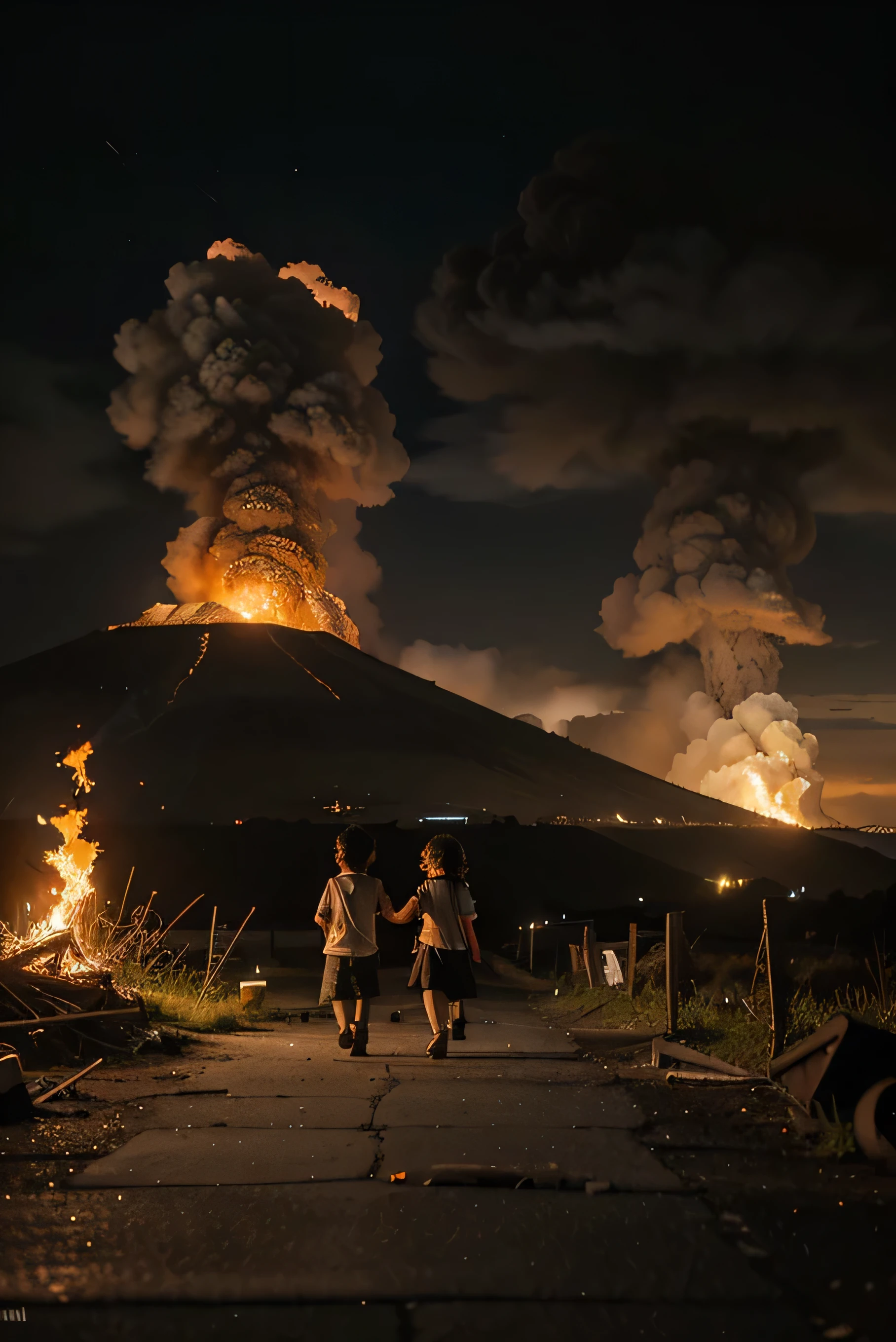 children playing with balloons playing, , a baloon in his hands walking a old ruins of a ancient town, black clouds on top of volcanic explosion, imagem do fim do mundo, muitos raios old ruinse, antiga cidade italiana, igreja destruida ao longewith vesuvio giant eruption, blow fire on top of Vesuvius,,piroclast flux descendo a montanha, rochas de lava voando, pessoas fugindo, electric rays , electrical storm coming out of the volcano, ruins, trash on the floor, children playing with balloons in their hands, dia sombrio, ao longe nuvens negras , imagem sombria roman empireruins,cidade Velha, cidade destruida, alagada, "sapos", Herons, gaivotas, marsh birds, swamp vegetation, destroyed houses, ventania, hurricane,cores sombrias, agua revolta, 12k, iso 100 canon 800 mm 3.5 v4,cidade em chamas,explosion of flames, floor with cracks, Cracks in the floor, postes de luz de Caicoss