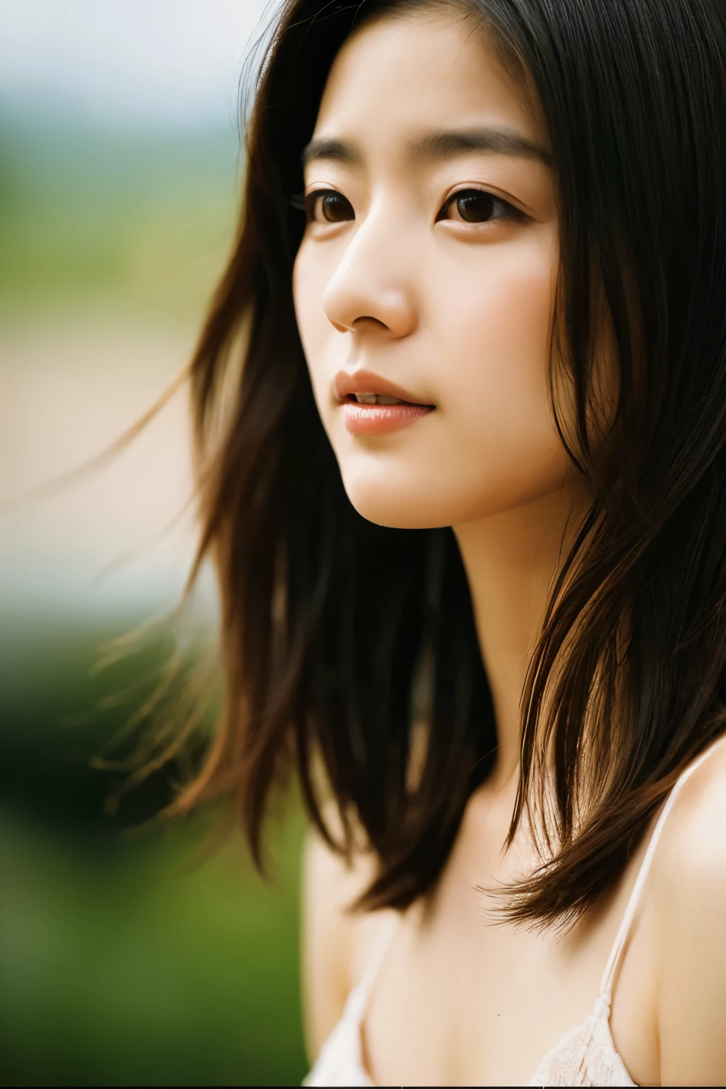 movie, film portrait photography, Hosomi Japanese woman, 30 years old, bare shoulders, wavy shoulder-length hair, calm, Calm, (realistic detailed eyes, natural skin texture, realistic facial details), soft and dramatic lighting, Depth of bounds written, Bokeh, vivid details, in detail, surreal, 35mm film, hazy blur