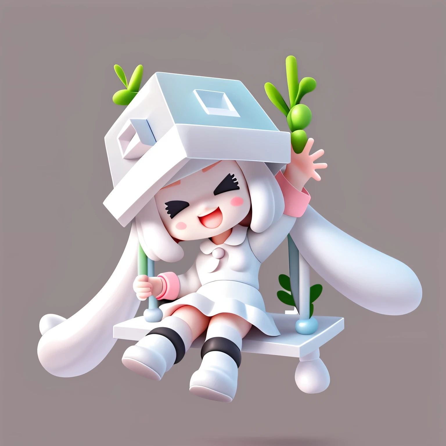 Bubble Mart blind box style，A cute little girl who loves to laugh，Happy swinging，Wearing a white box-shaped hat，princess cut hairstyle，Off-white hair，Wearing dark gray skirt and boots
