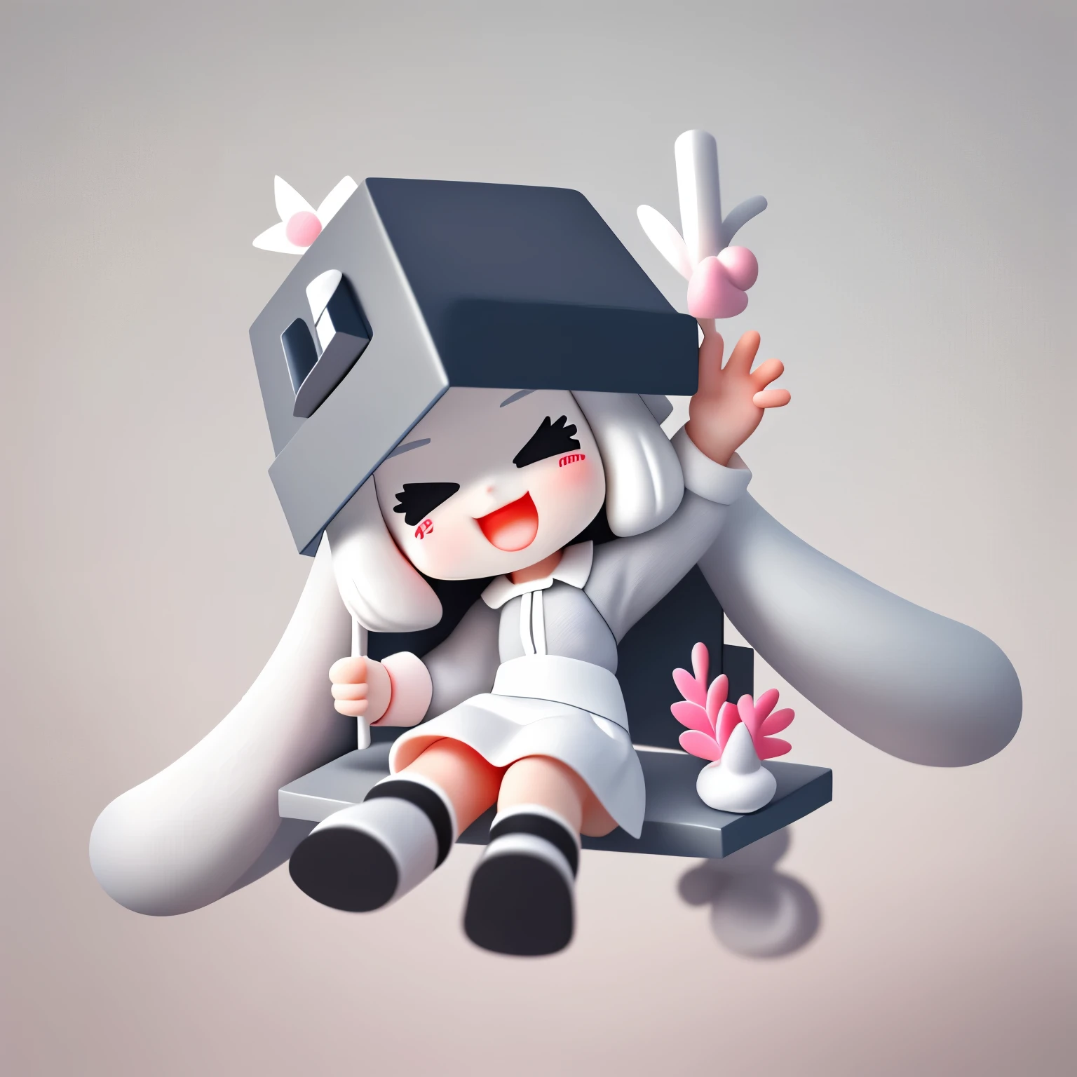 Bubble Mart blind box style，A cute little girl who loves to laugh，Happy swinging，Wearing a white box-shaped hat，princess cut hairstyle，Off-white hair，Wearing dark gray skirt and boots
