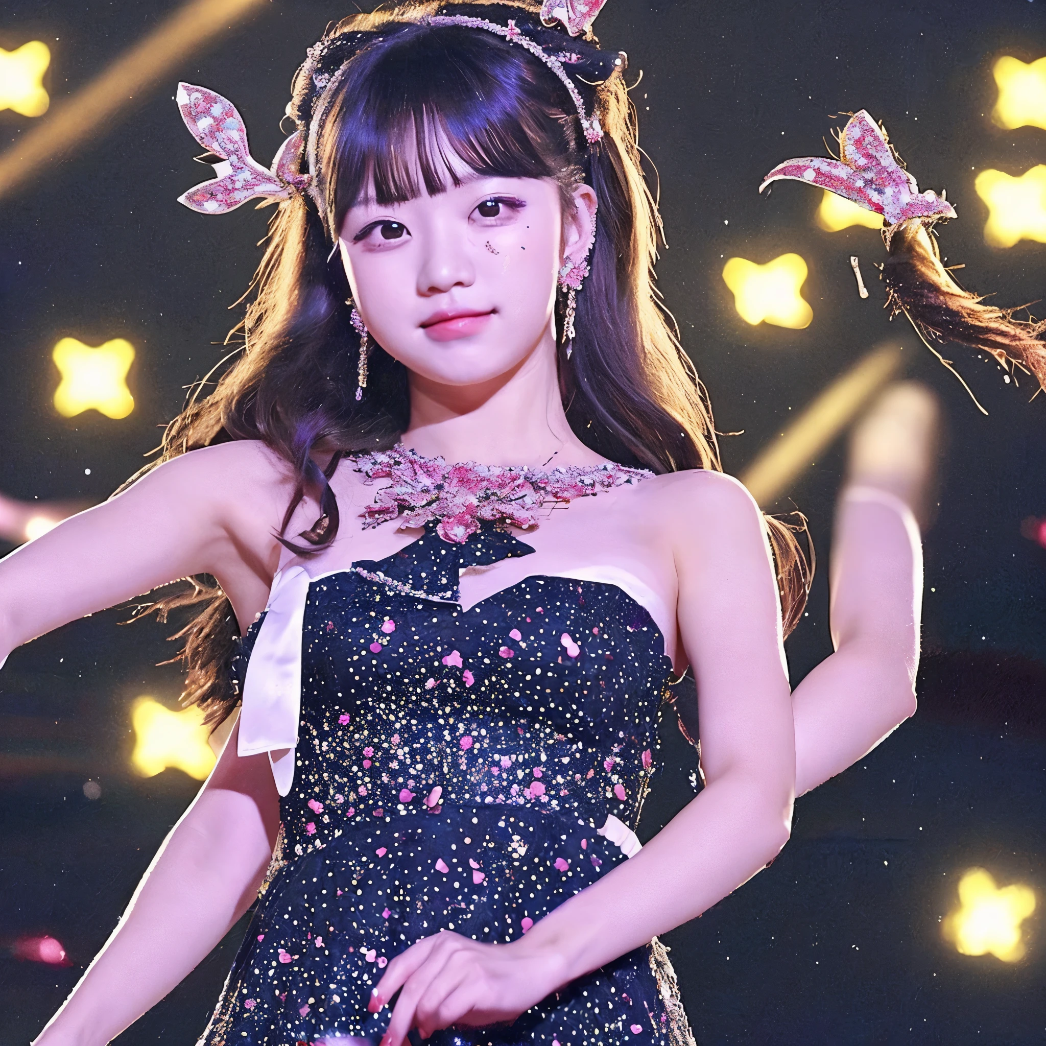 1 girl, alone, highest quality, masterpiece , Ruby Hoshino, hair ornaments, shining eyes, stars above the eyes, (star in the right eye:1), (dress:1.4), (concert 1), on the stage,