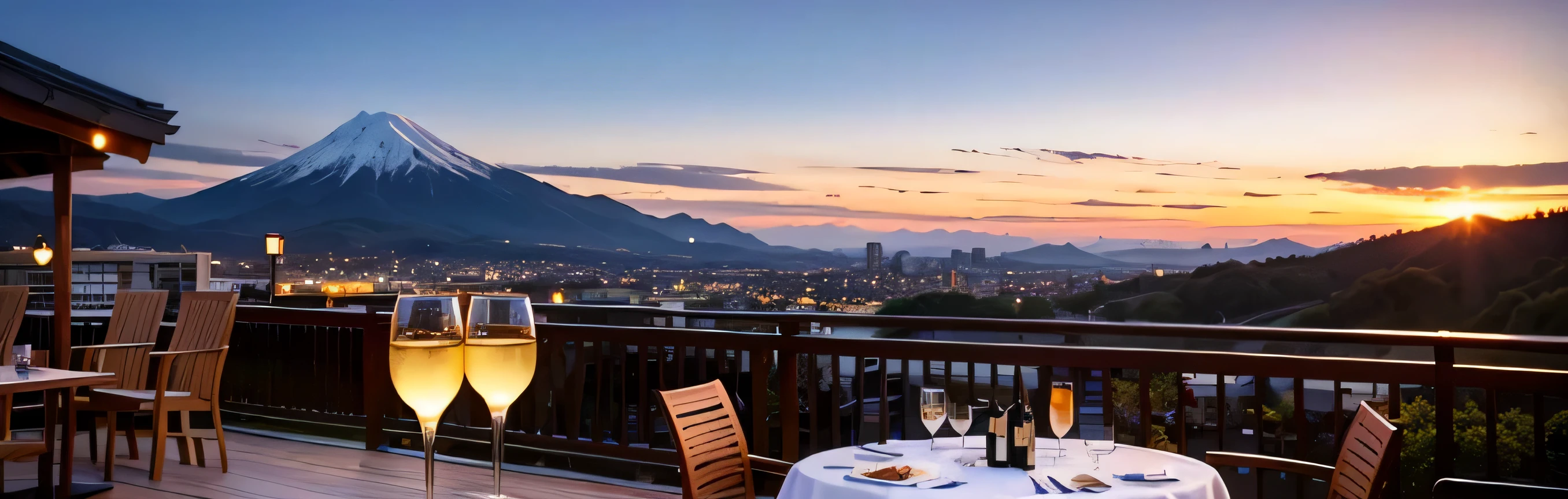 64k, Hmm, highest quality, masterpiece: 1.2), (realistic, photorealistic: 1.37), Spectacular view of the sunset sky and clouds、Amazing mountain views、Japanese sake、Sake Glass、Japanese food、Superior hotel、dinner、hot spring inn、table、Champagne、sparkling wine、White wine, slim, wine glass, Very beautiful night view、