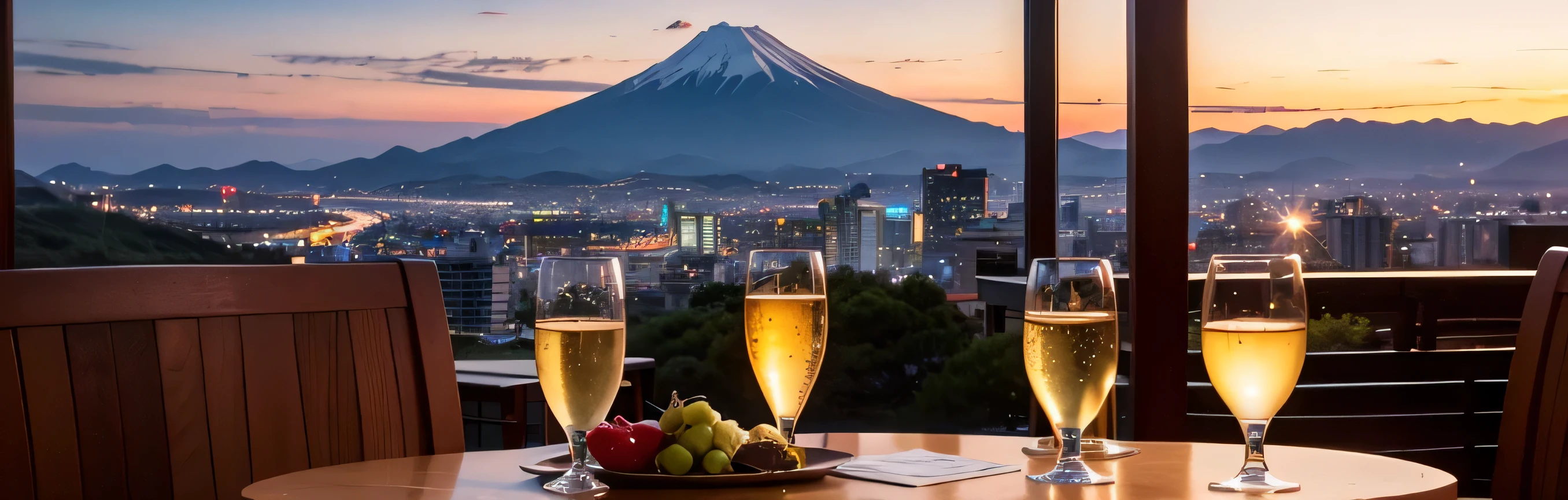 64k, Hmm, highest quality, masterpiece: 1.2), (realistic, photorealistic: 1.37), Spectacular view of the sunset sky and clouds、Amazing mountain views、Japanese sake、Sake Glass、Japanese food、Superior hotel、dinner、hot spring inn、table、Champagne、sparkling wine、White wine, slim, wine glass, Very beautiful night view、