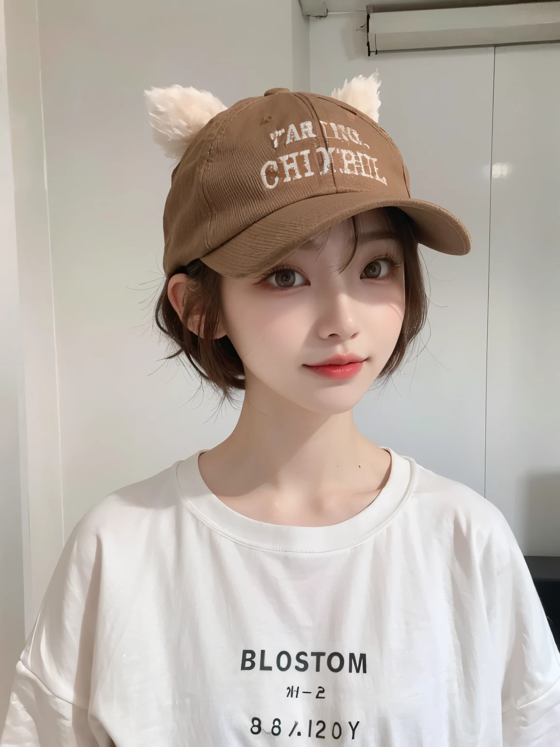 Best image quality、original photo、ultra high resolution、21 years old Korean、small breasts、dynamic angle、Cowboy shooting、The most beautiful form of chaos、elegant、Innovative design、bright colors、,light brown short hair、disheveled hair、light brown eyes 、black baseball cap(表情Smile)、short bob、Smile、Fair and shiny skin、beautiful eyes,random colors、The details are very beautiful、thin lips、细致beautiful eyes、elongated eyes、pale pink cheeks、long eyelashes、beautiful double eyelids、eye shadow、he、White big T-shirt sweatshirt、baggy pants、Shot from the side、sexy pose、enlarge