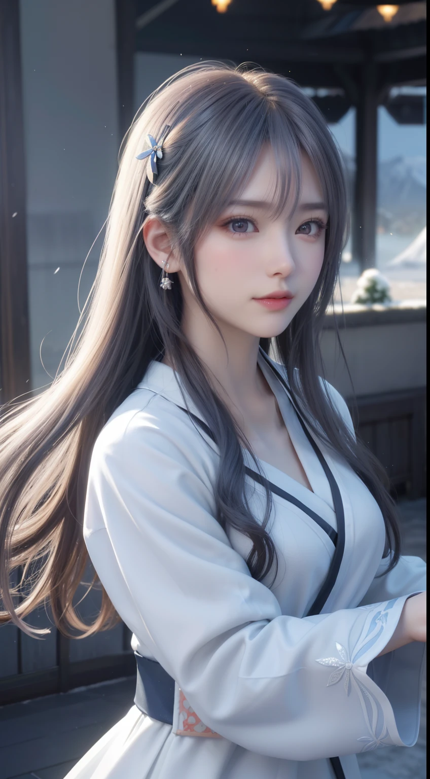 ((logo, masterpiece, 8k, table top, RAW photo, wonderful, 最high quality, Photorealistic and hvery detailed CG integrated 8k wallpaper, high quality, very detailed, Narrative poem, particle effects, dynamic effects, Depth of written boundary, cinematic light, Lens flare, ray tracing, anatomically accurate)), fantasy, 1 beautiful woman, ((lilac hair)), clear eyes, long hair, beautiful face, real face, 緻密でbeautiful eyes, beautiful skin, ((dancing woman, 優雅にdancing woman, snow sceneの中でdancing woman, 激しくdancing woman)), ((long hairがWindでなびく, long hairが跳ねる, long hairがWindで踊る)), hair jump, jewelry, beautiful eyes, white kimono, white obi, White cherry blossom embroidery pattern, silver earrings, Wind, snow mountainの中で, snow scene, snow mountain, snow makeup, 雪とhoarfrost, snow-capped mountainや森, hoarfrost, snow-capped mountain々, The beauty and brilliance of frost-covered trees, The tranquility and beauty of a world of ice and snow, hair color is light purple