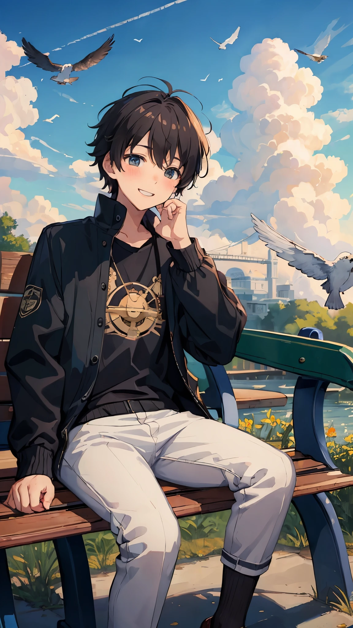 (masterpiece:1.3), best quality, official art, 1boy, (cute:1.3), sitting on a park bench, smiling, blushing, (bright), (:D:0.6), sun light, cumulonimbus clouds, birds